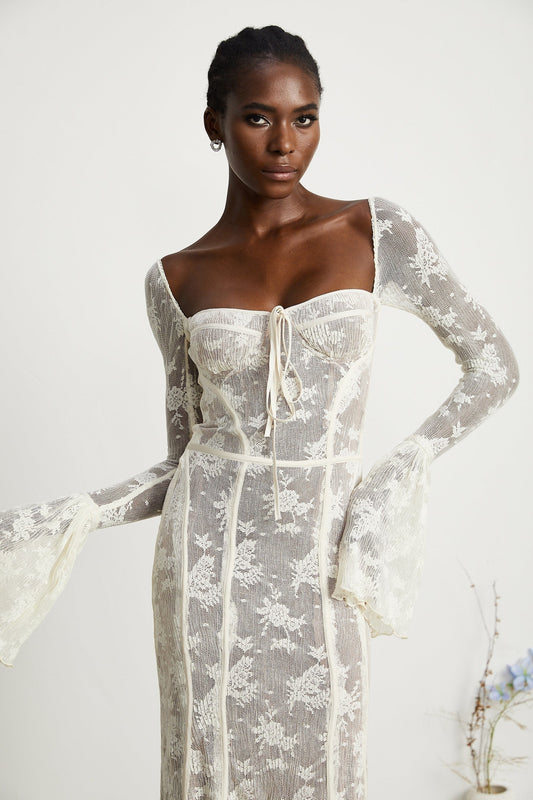 Marlene flared lace maxi dress in White