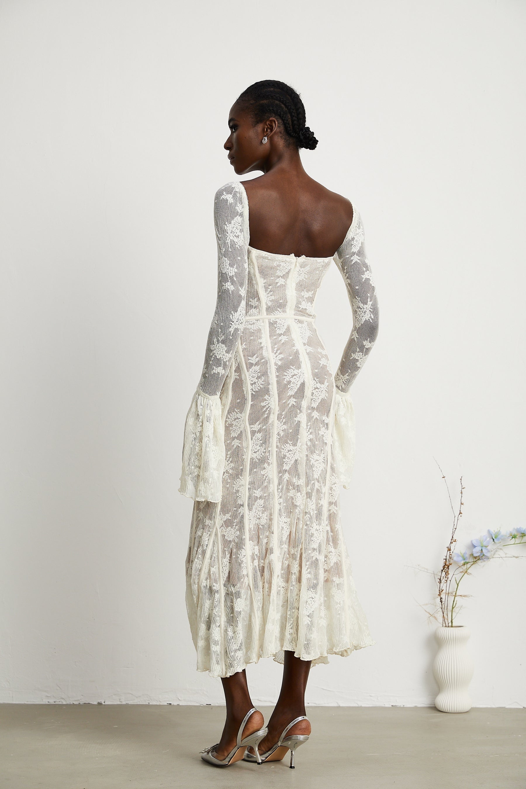Marlene flared lace maxi dress in White