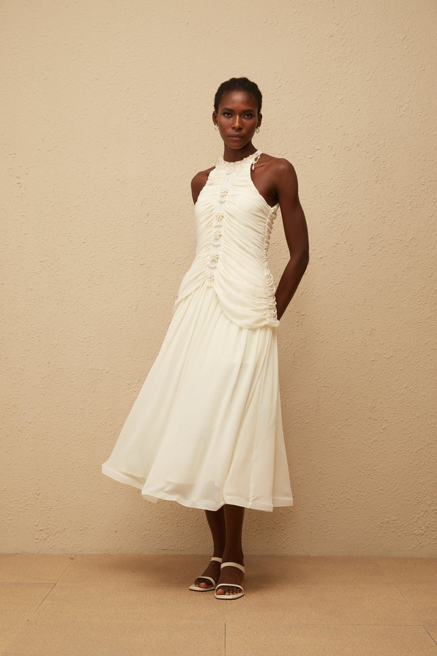 Martha White Faux Pearl Ruched Midi Dress