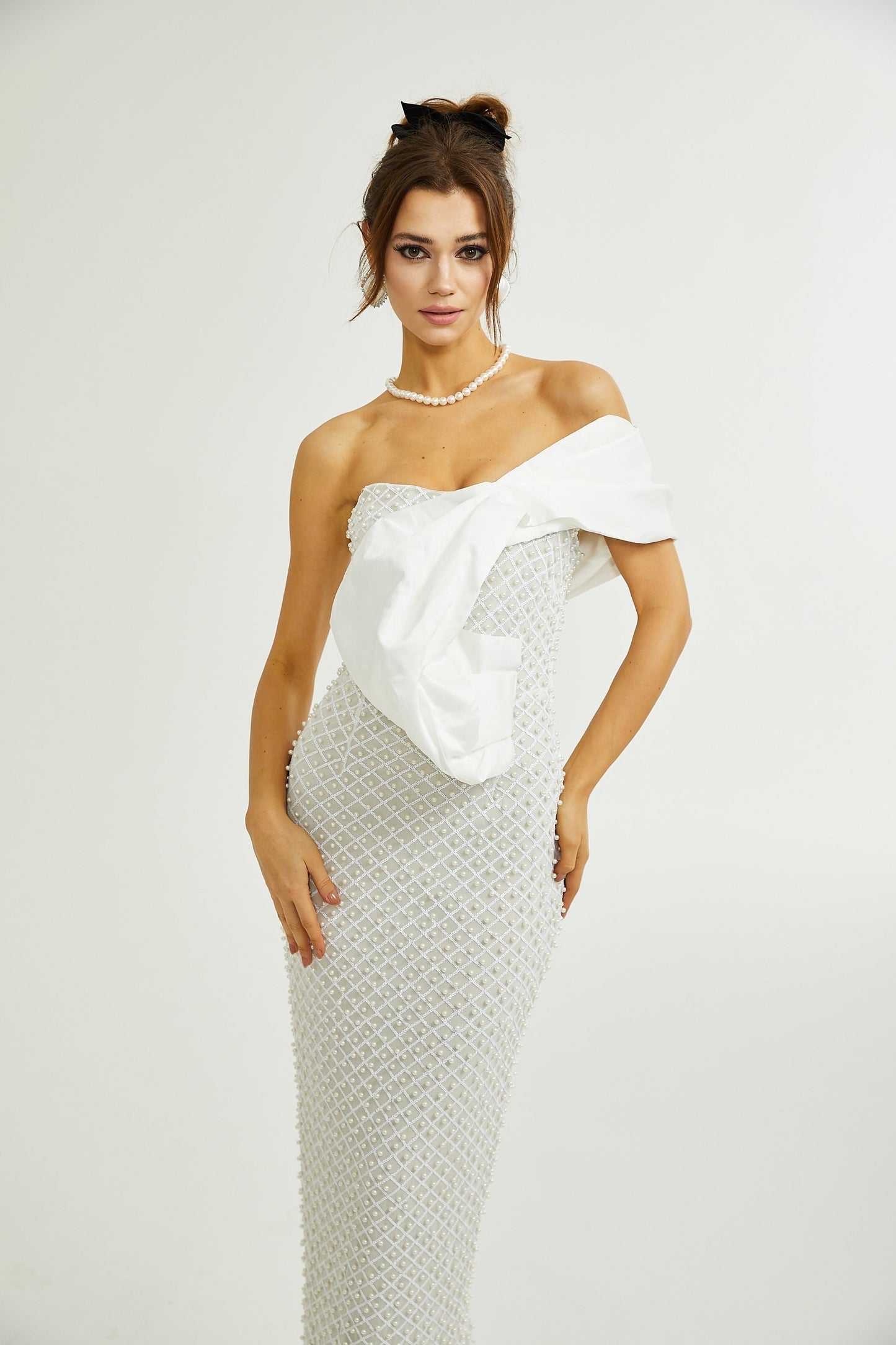 Maura fauxpearl offshoulder dress