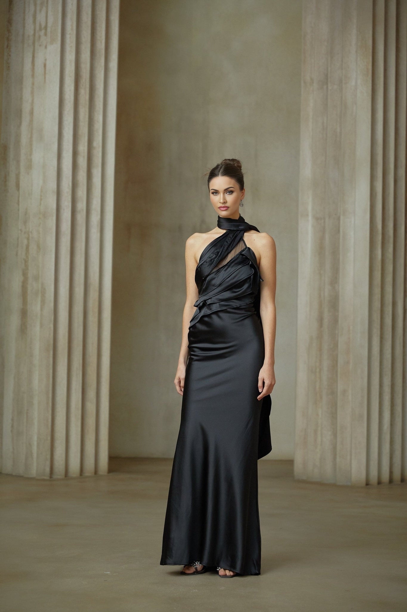 Maureen black ribbondesign satin maxi dress