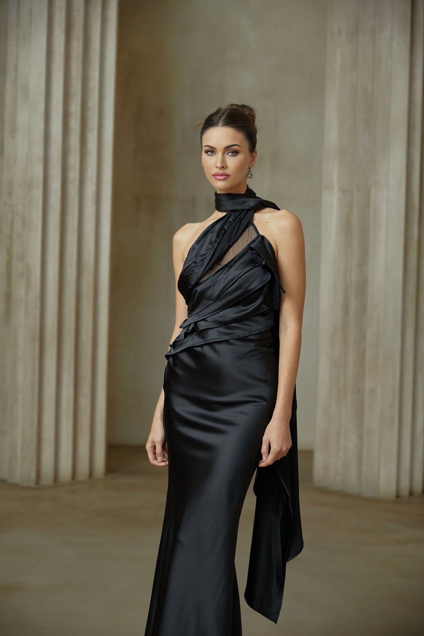 Maureen black ribbondesign satin maxi dress