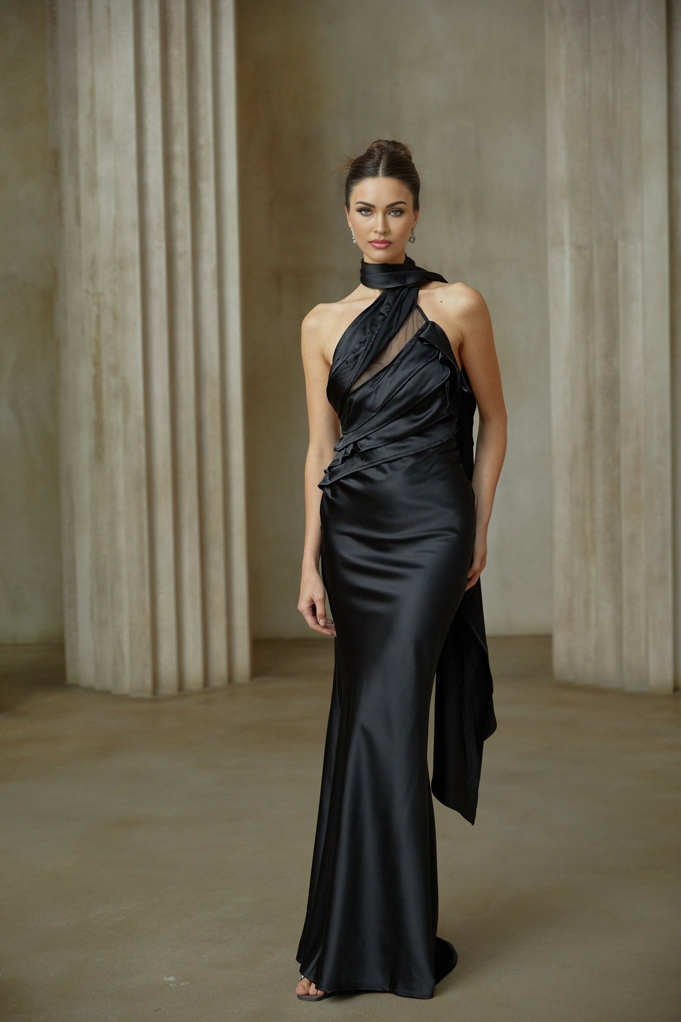 Maureen black ribbondesign satin maxi dress