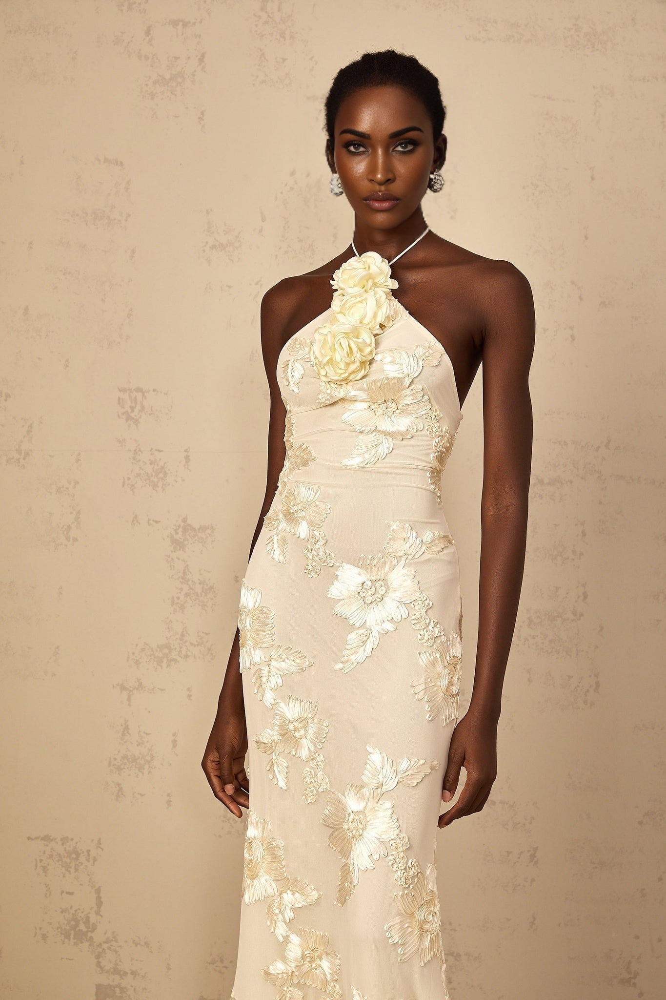 Melanie Neutrals Embroidered Halterneck Maxi Dress