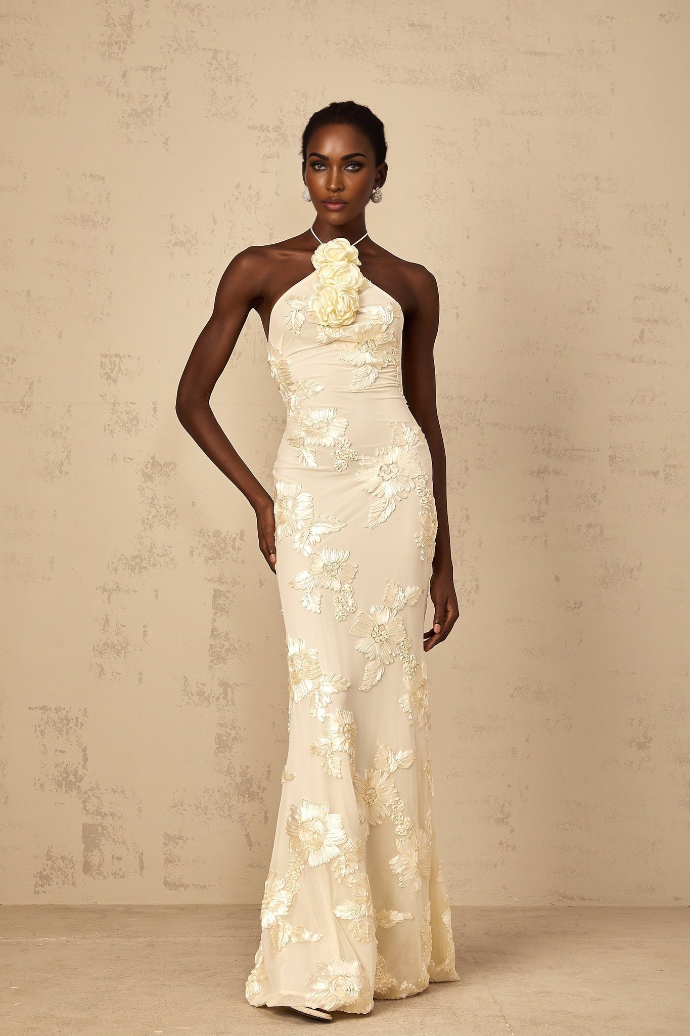 Melanie Neutrals Embroidered Halterneck Maxi Dress