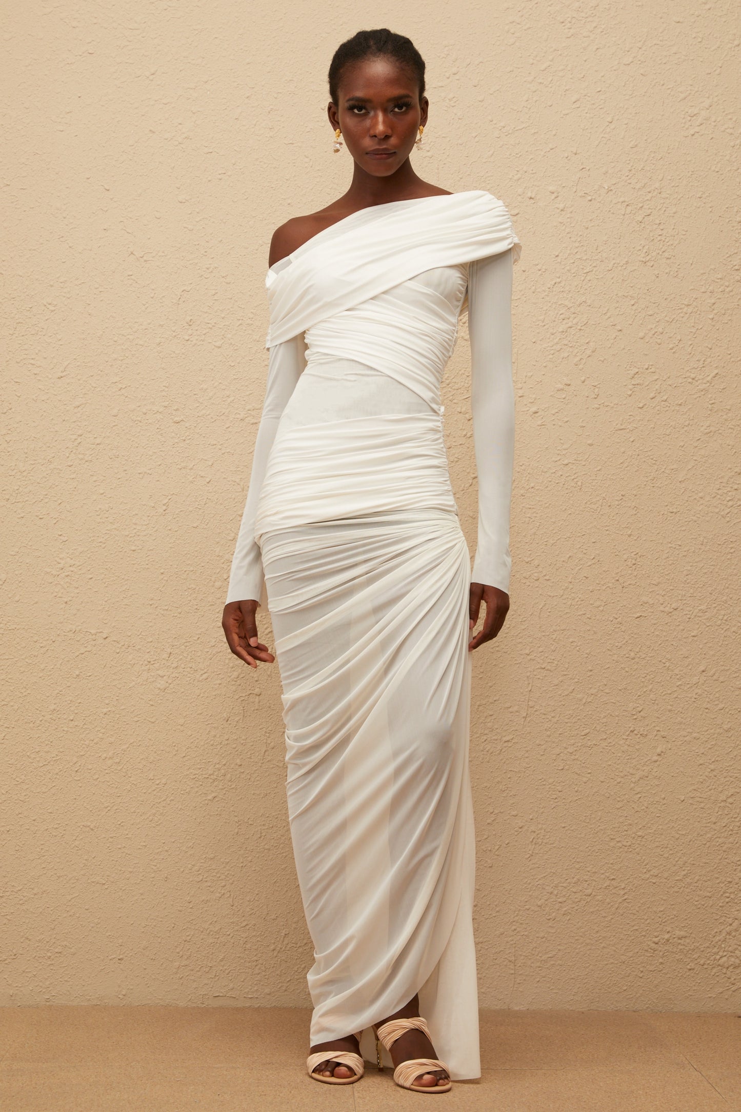 Melanie White Asymmetrical Ruched Mesh Maxi Dress