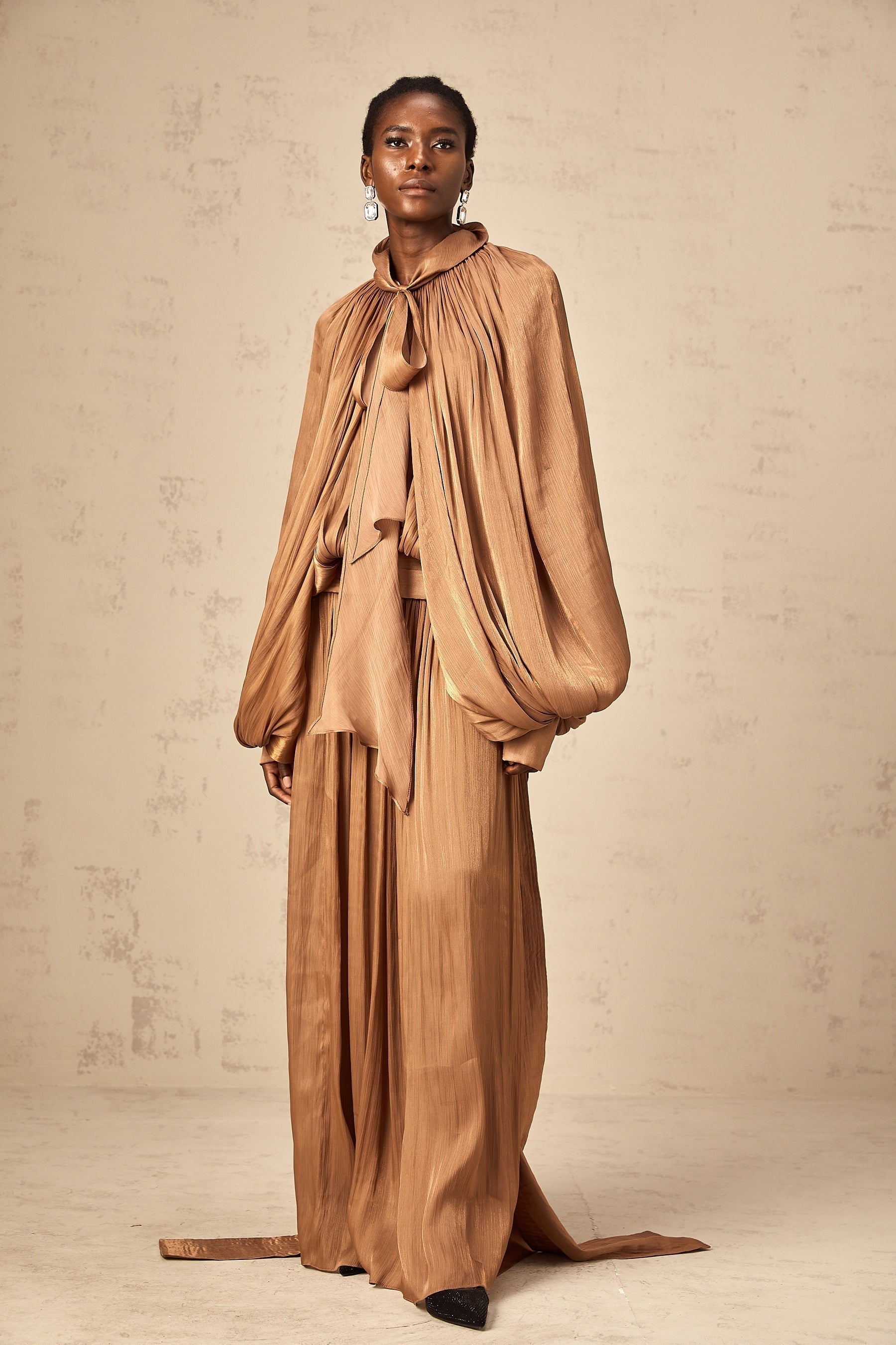Mila brown pleated satin maxi dress on mannequin full length view