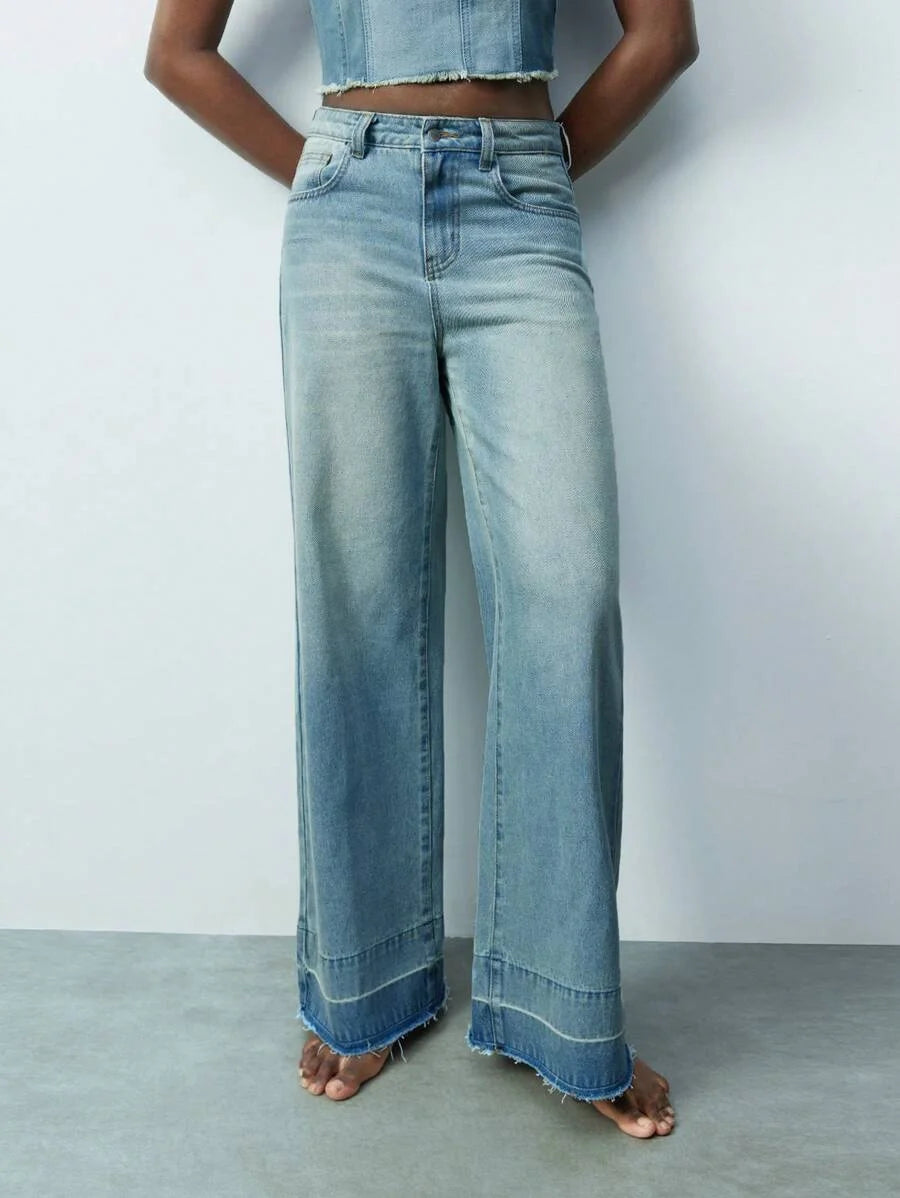 Modern Casual Light Blue SpringSummer Womens Distressed Raw Hem Straight Leg Jeans Western Wear
