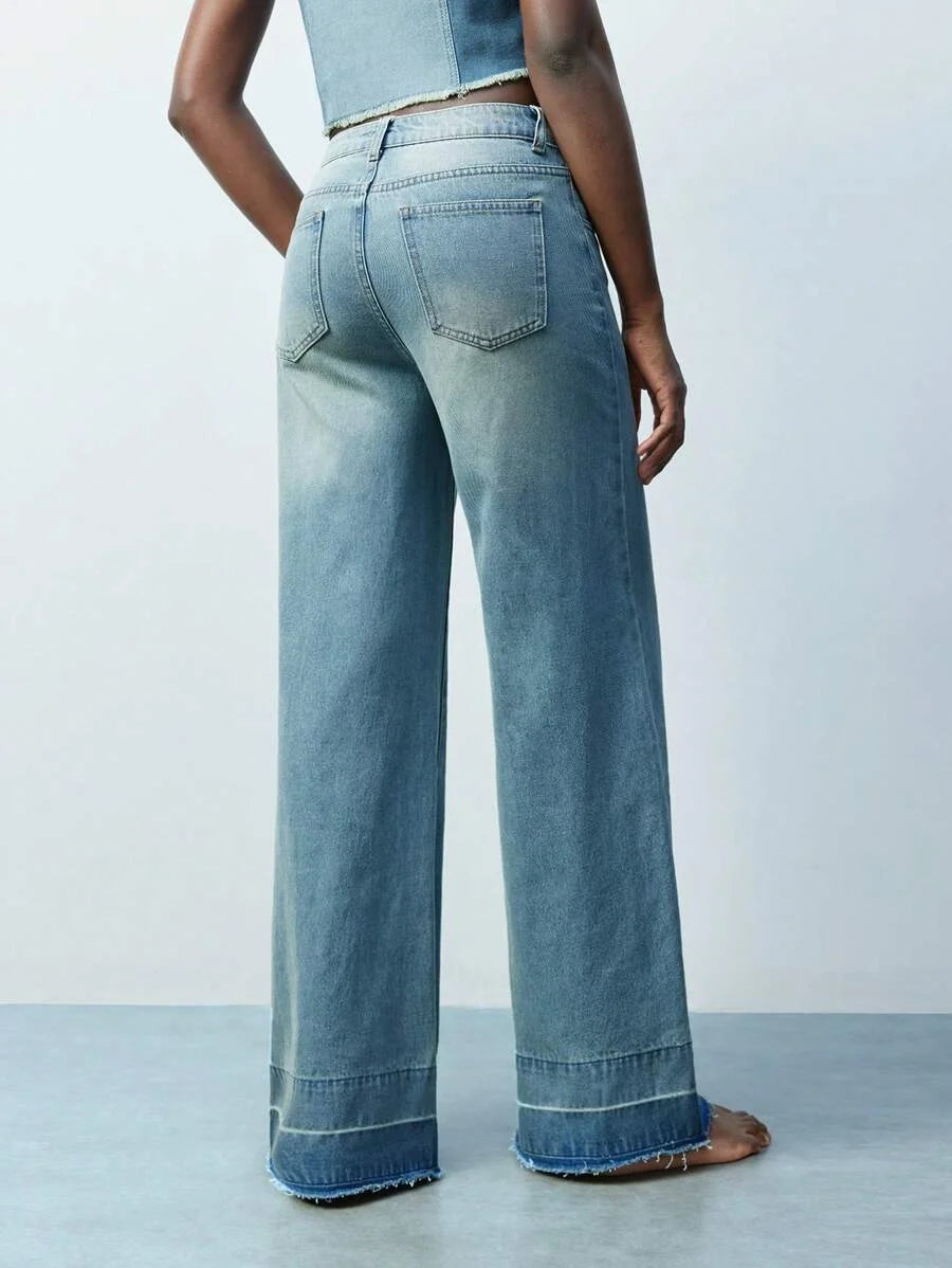 Modern Casual Light Blue SpringSummer Womens Distressed Raw Hem Straight Leg Jeans Western Wear