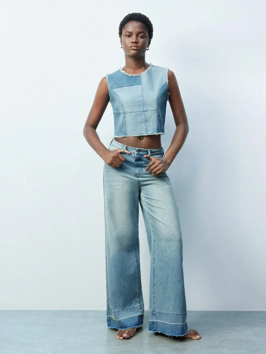 Modern Casual Light Blue SpringSummer Womens Distressed Raw Hem Straight Leg Jeans Western Wear