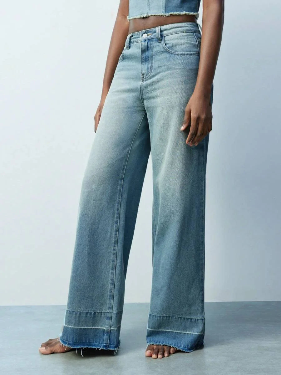 Modern Casual Light Blue SpringSummer Womens Distressed Raw Hem Straight Leg Jeans Western Wear
