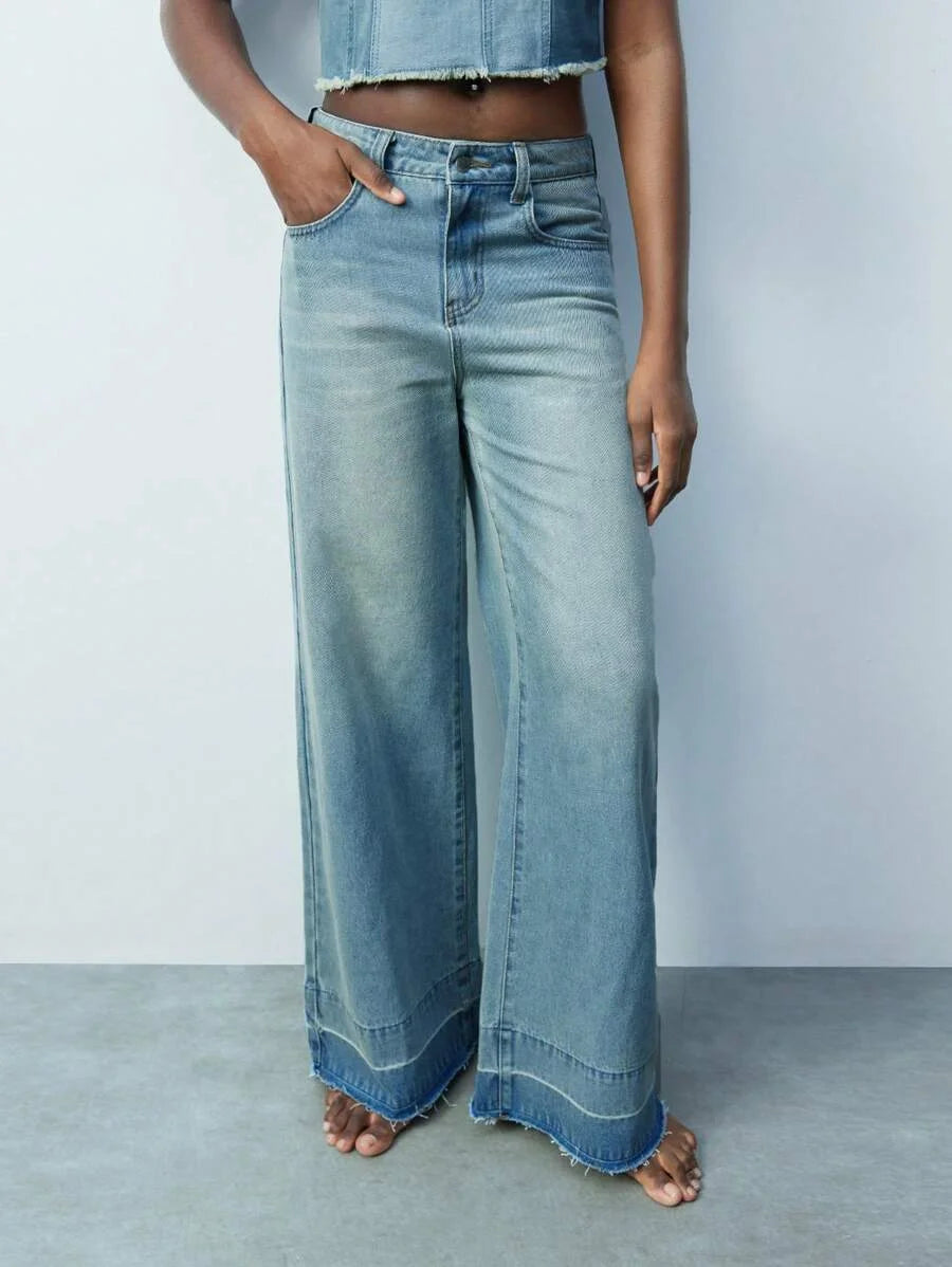 Modern Casual Light Blue SpringSummer Womens Distressed Raw Hem Straight Leg Jeans Western Wear
