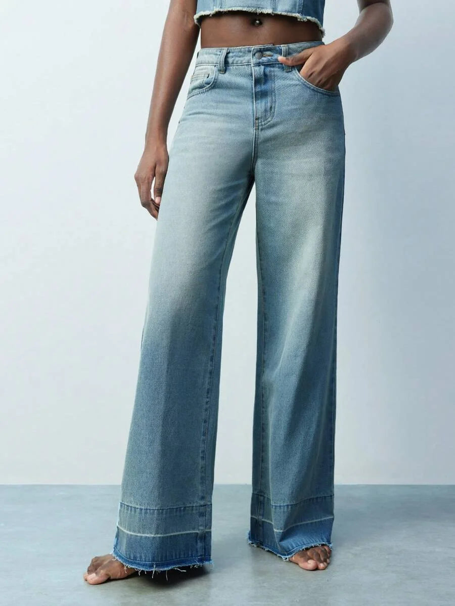 Modern Casual Light Blue SpringSummer Womens Distressed Raw Hem Straight Leg Jeans Western Wear