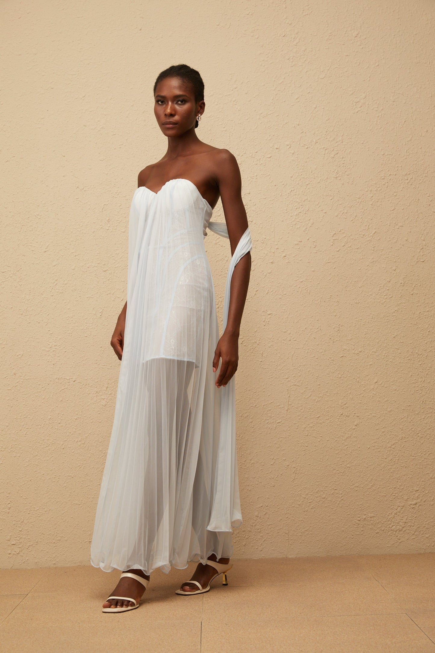 Monique Light Blue Pleated Mesh Maxi Dress