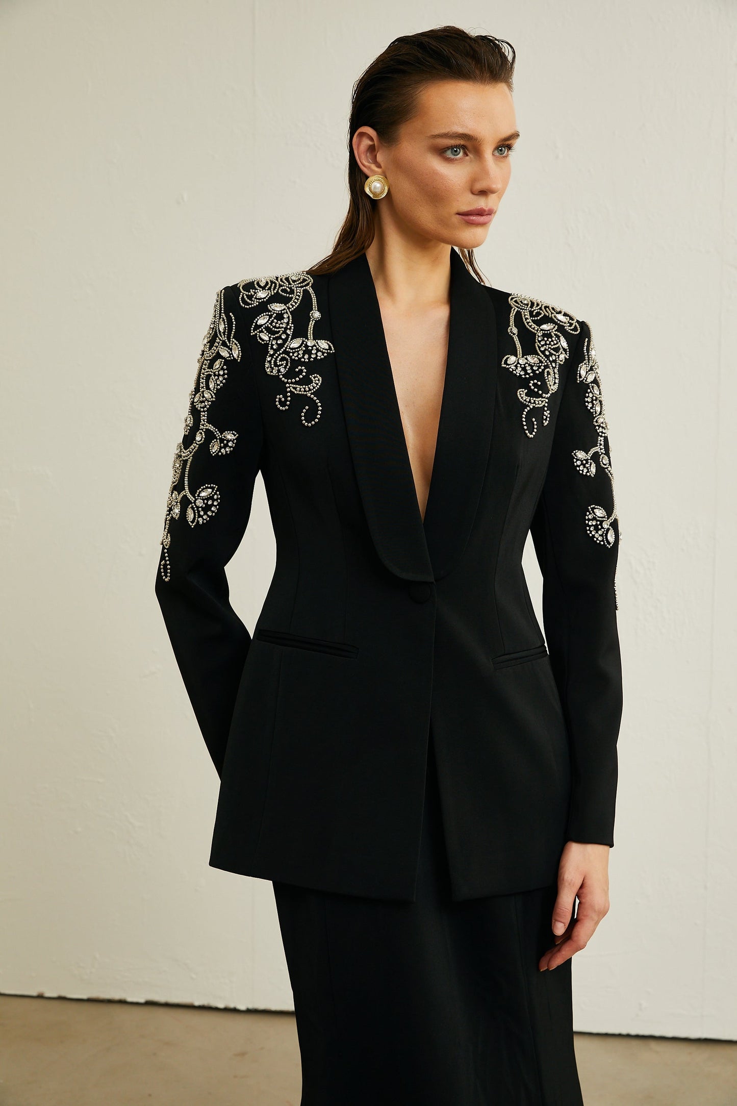 Morgane black embellished jacket skirt matching set