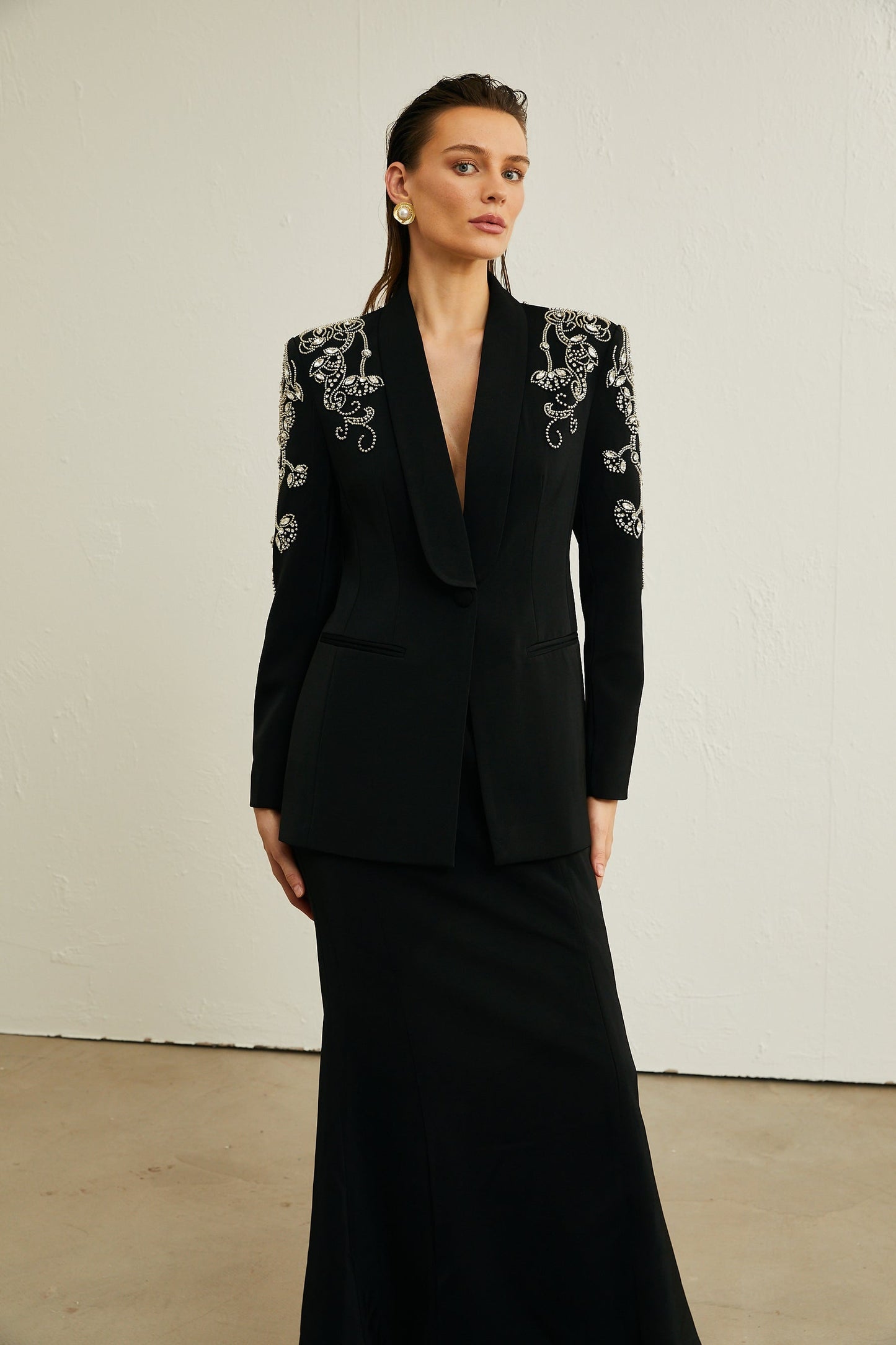 Morgane black embellished jacket skirt matching set