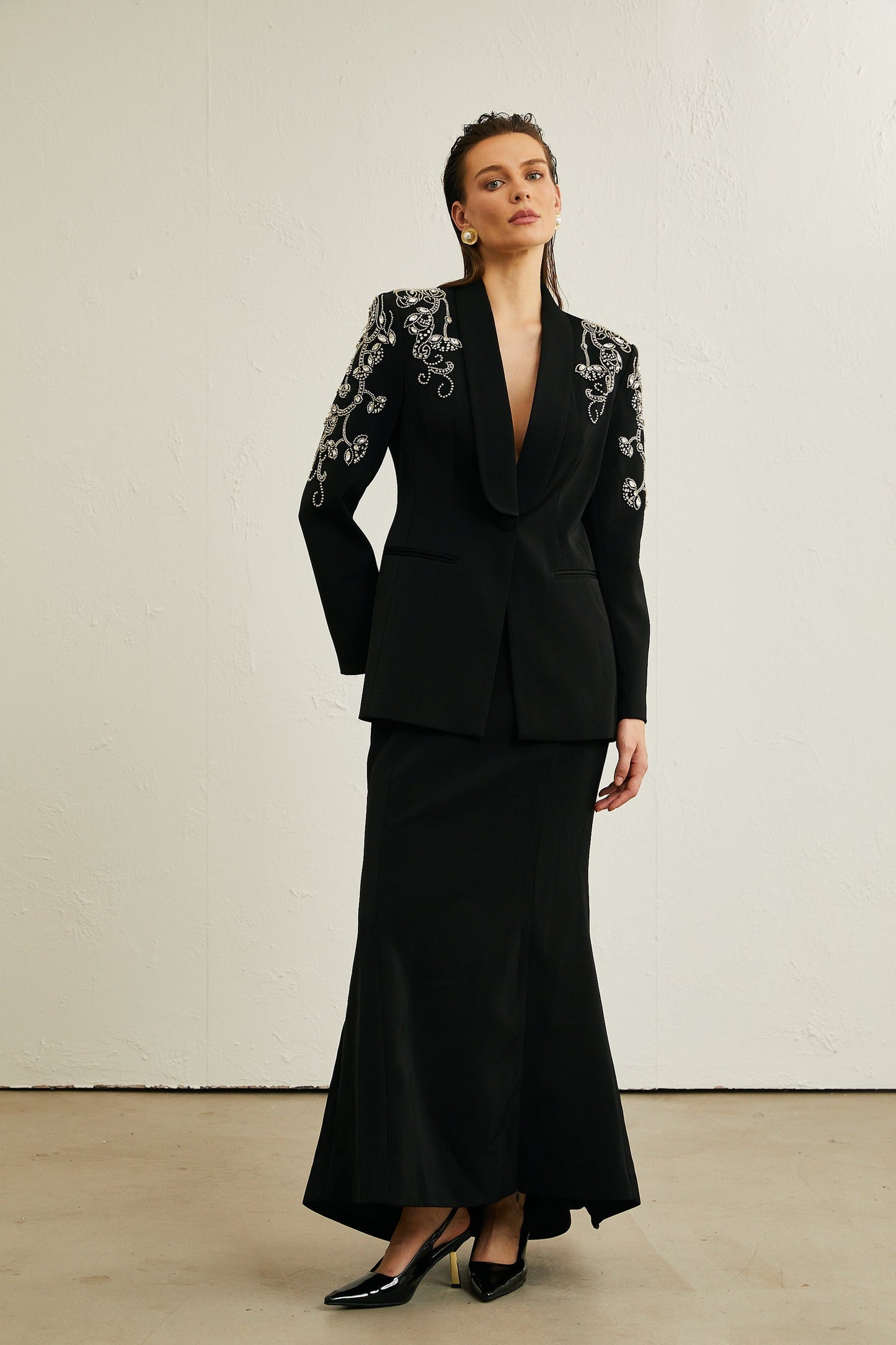 Morgane black embellished jacket skirt matching set