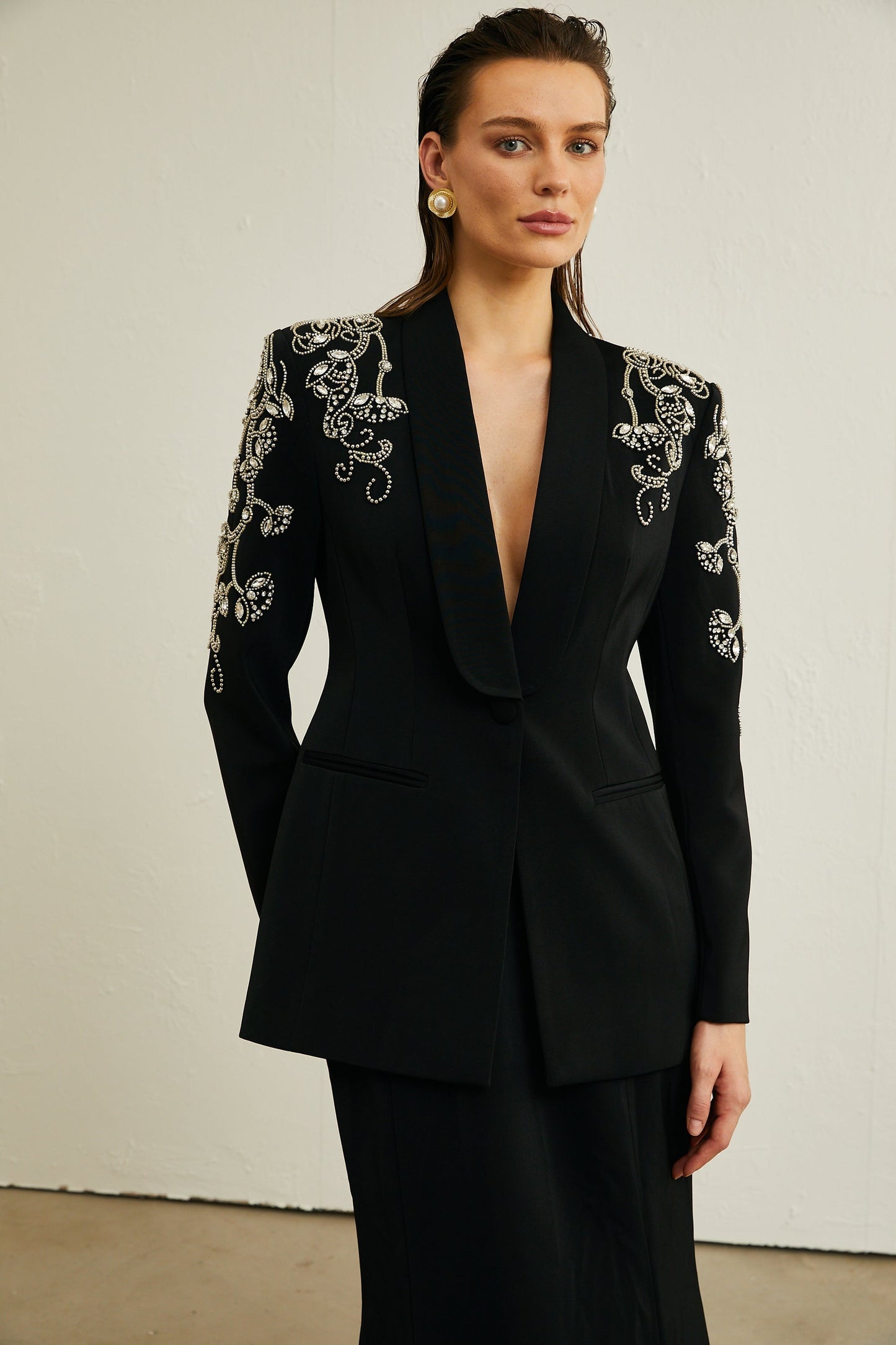 Morgane black embellished jacket skirt matching set