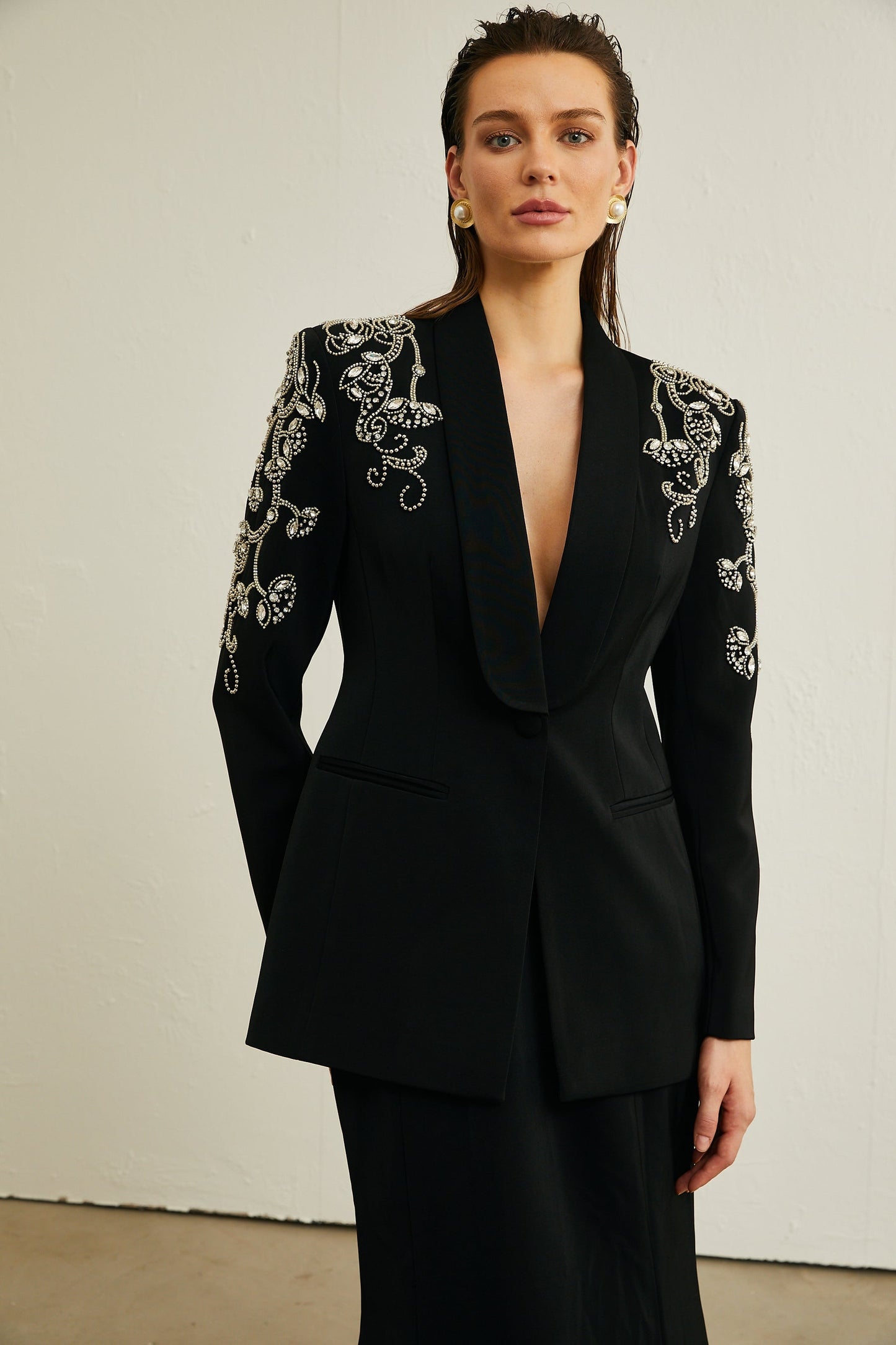 Morgane black embellished jacket skirt matching set