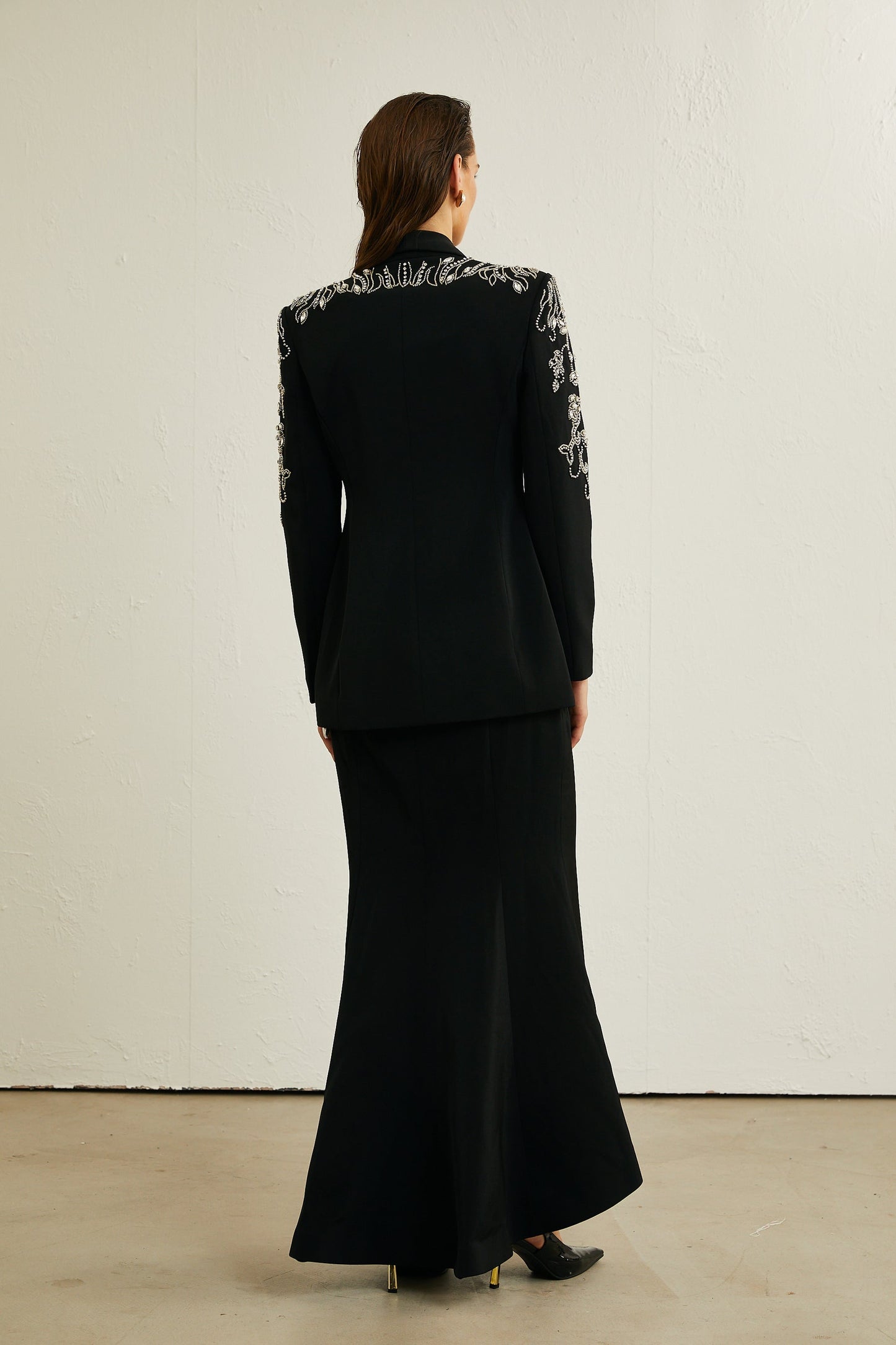 Morgane black embellished jacket skirt matching set