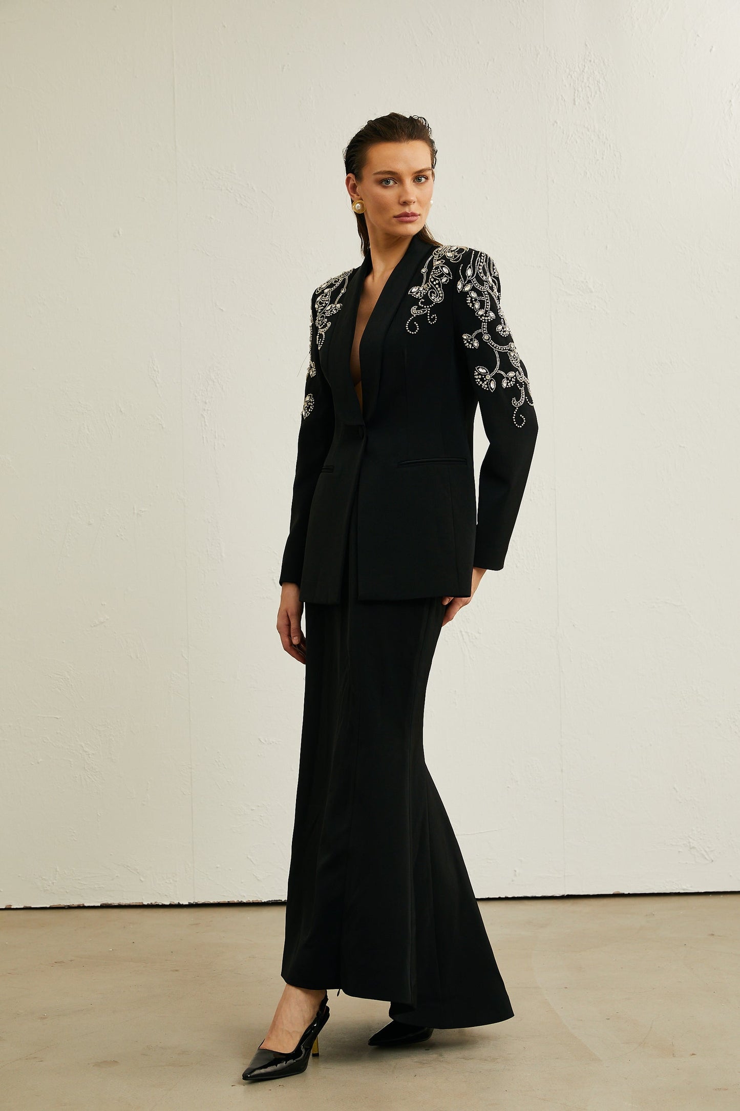 Morgane black embellished jacket skirt matching set