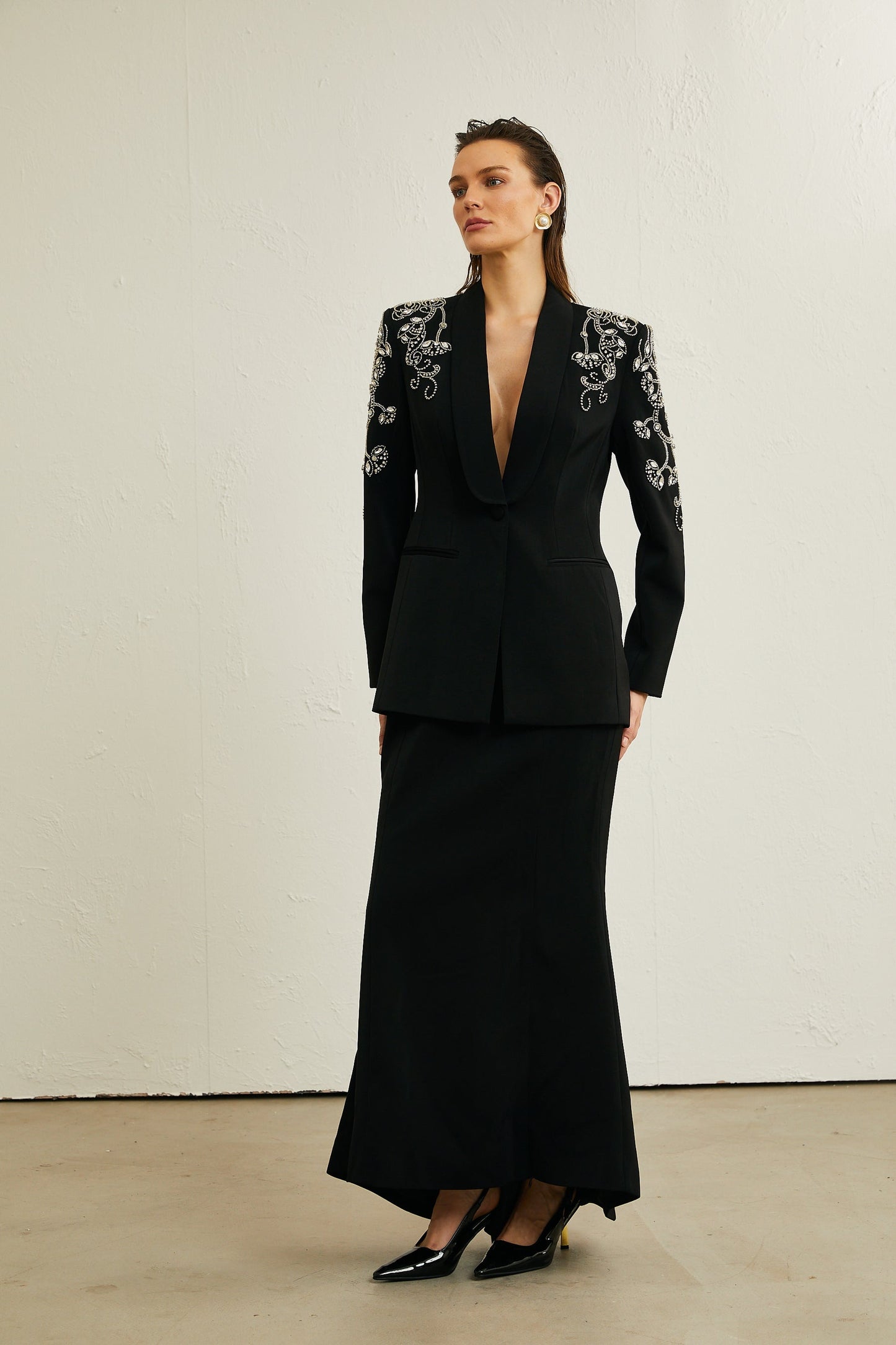 Morgane black embellished jacket skirt matching set