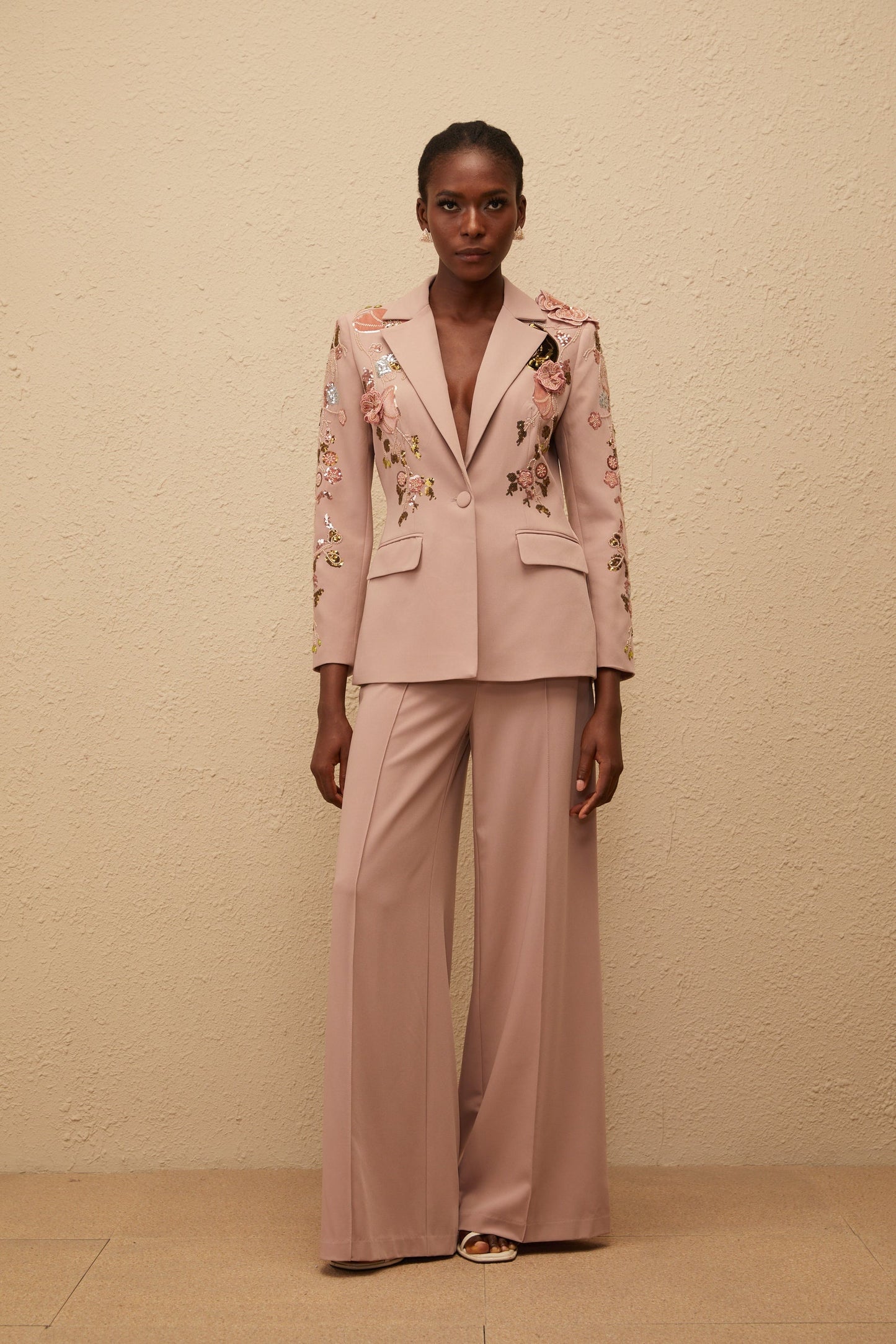 Morgane Dusty Pink Sequined Floral Blazer Trousers Set