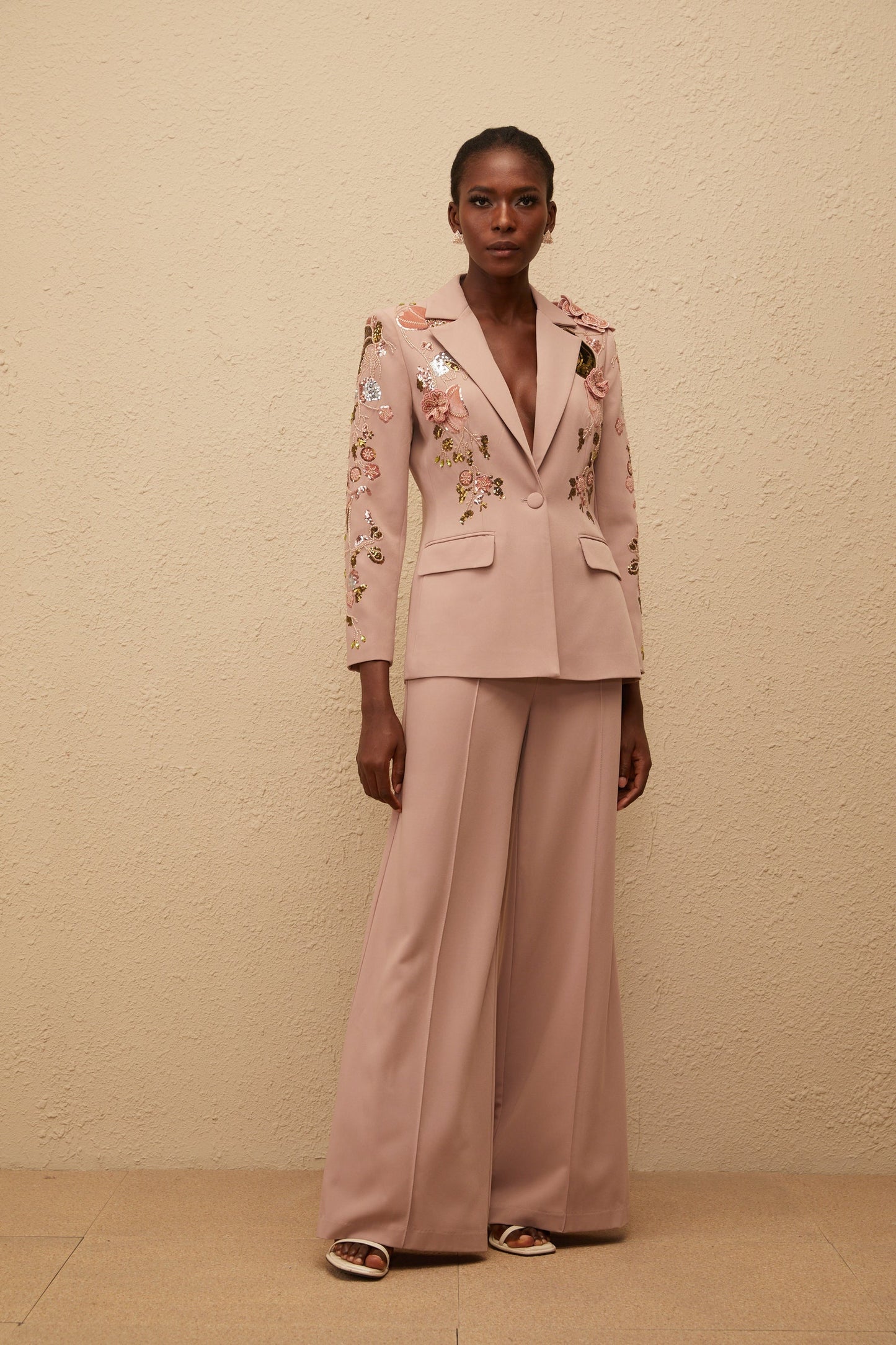 Morgane Dusty Pink Sequined Floral Blazer Trousers Set