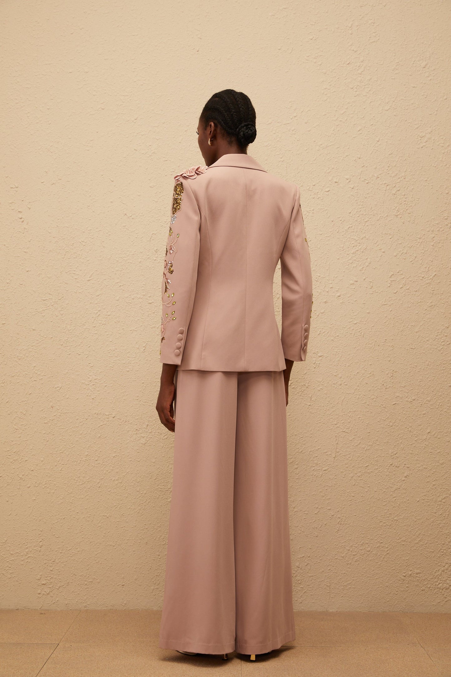 Morgane Dusty Pink Sequined Floral Blazer Trousers Set