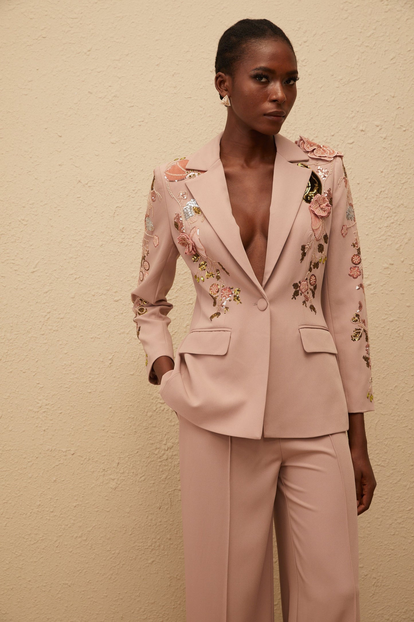 Morgane Dusty Pink Sequined Floral Blazer Trousers Set