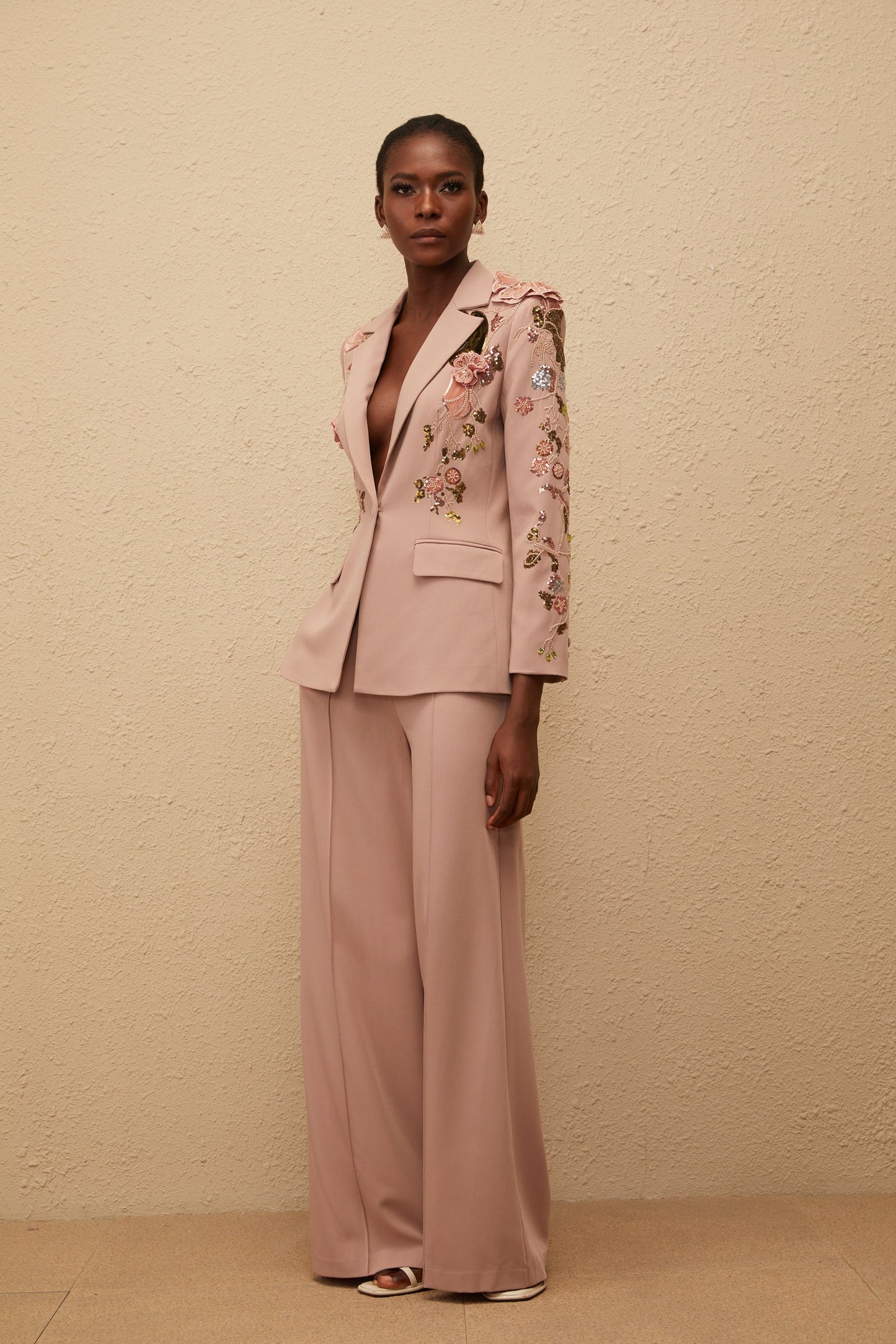 Morgane Dusty Pink Sequined Floral Blazer Trousers Set