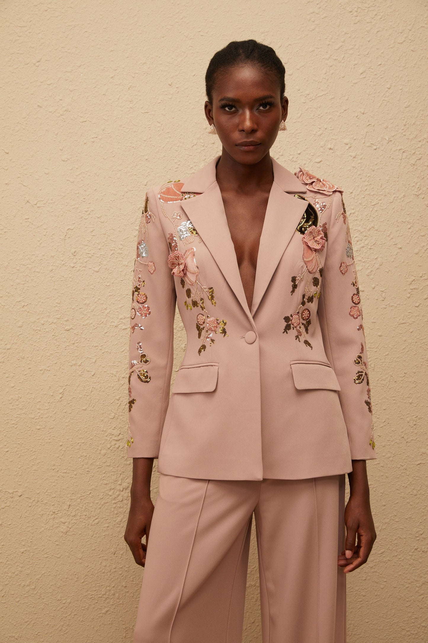 Morgane Dusty Pink Sequined Floral Blazer Trousers Set