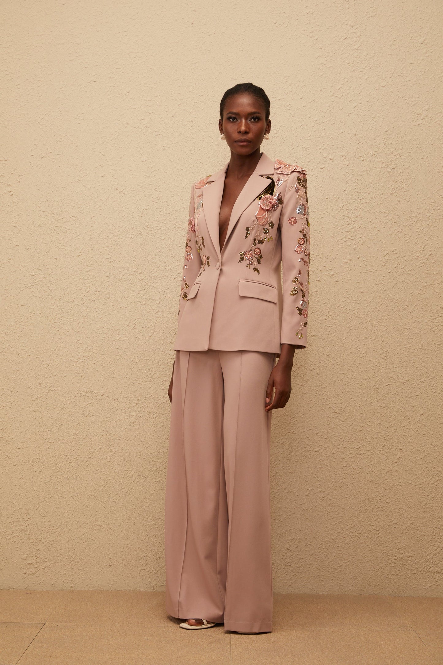 Morgane Dusty Pink Sequined Floral Blazer Trousers Set