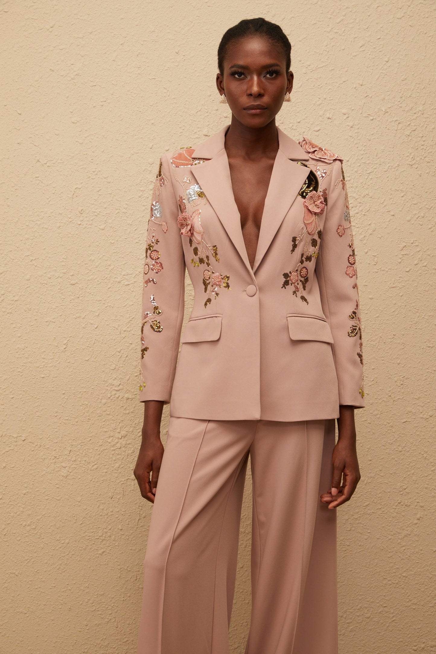 Morgane Dusty Pink Sequined Floral Blazer Trousers Set