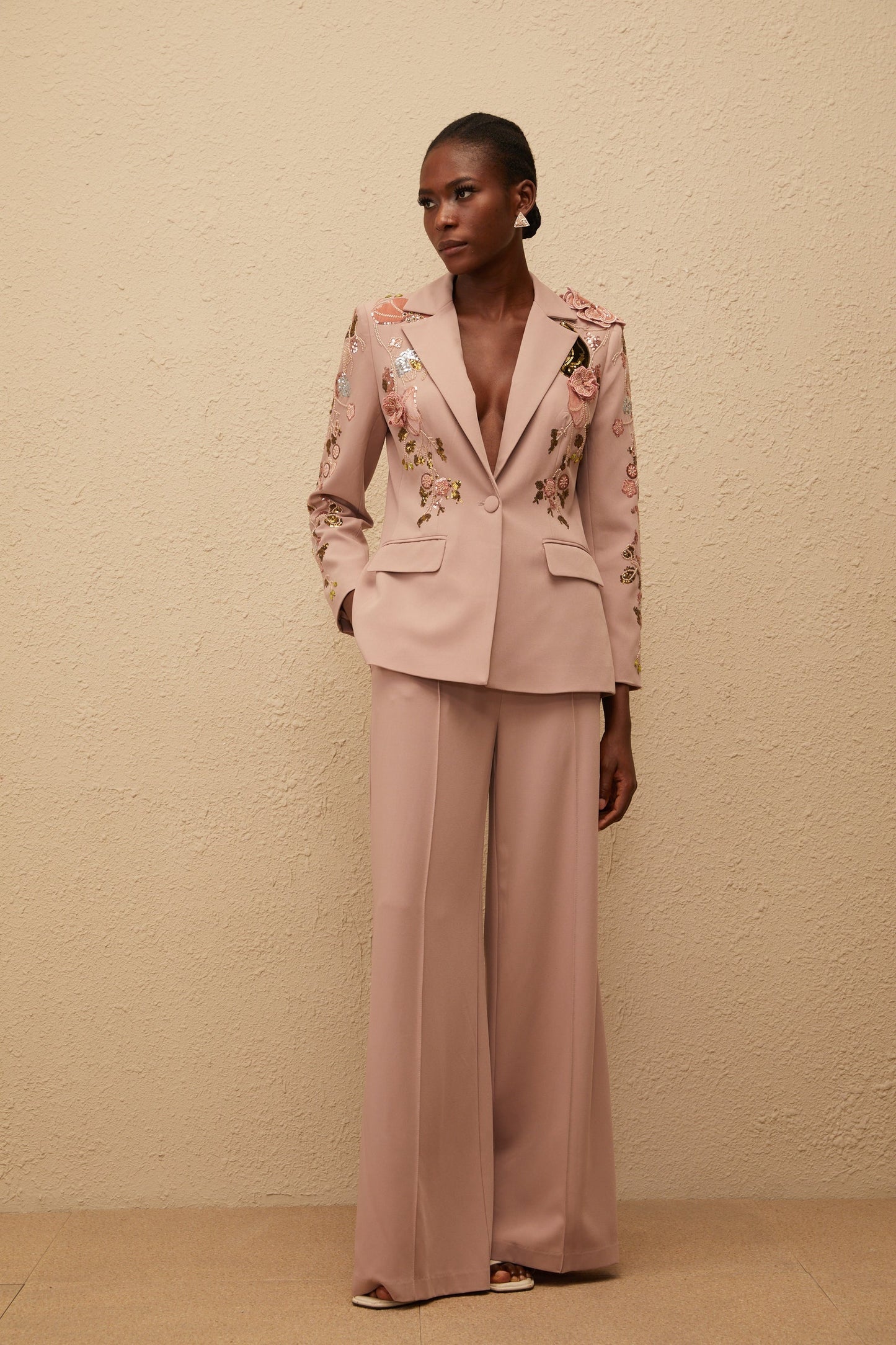 Morgane Dusty Pink Sequined Floral Blazer Trousers Set