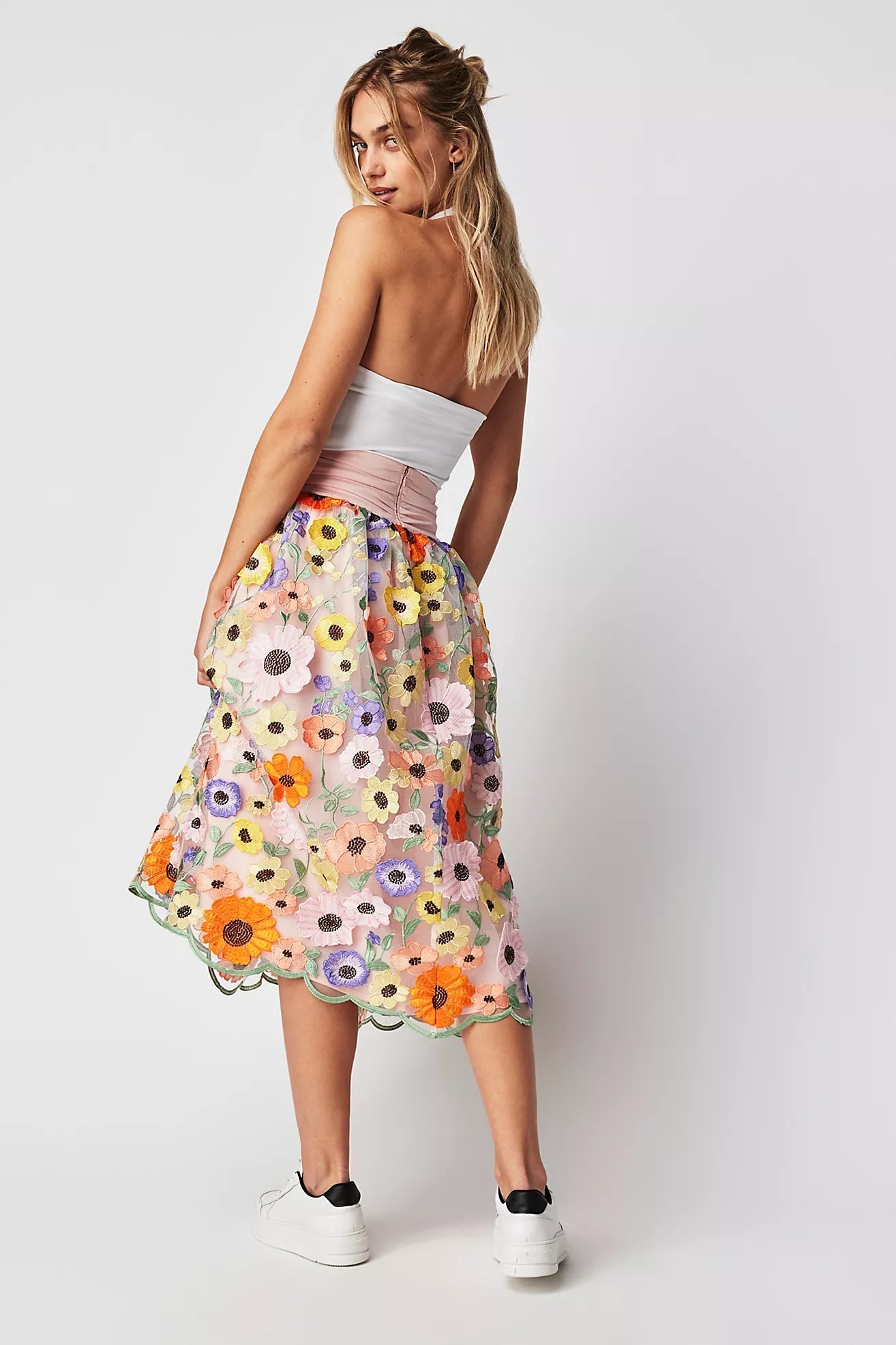 Multicolored floral embroidered A-line skirt with high-waist in soft pastel palette
