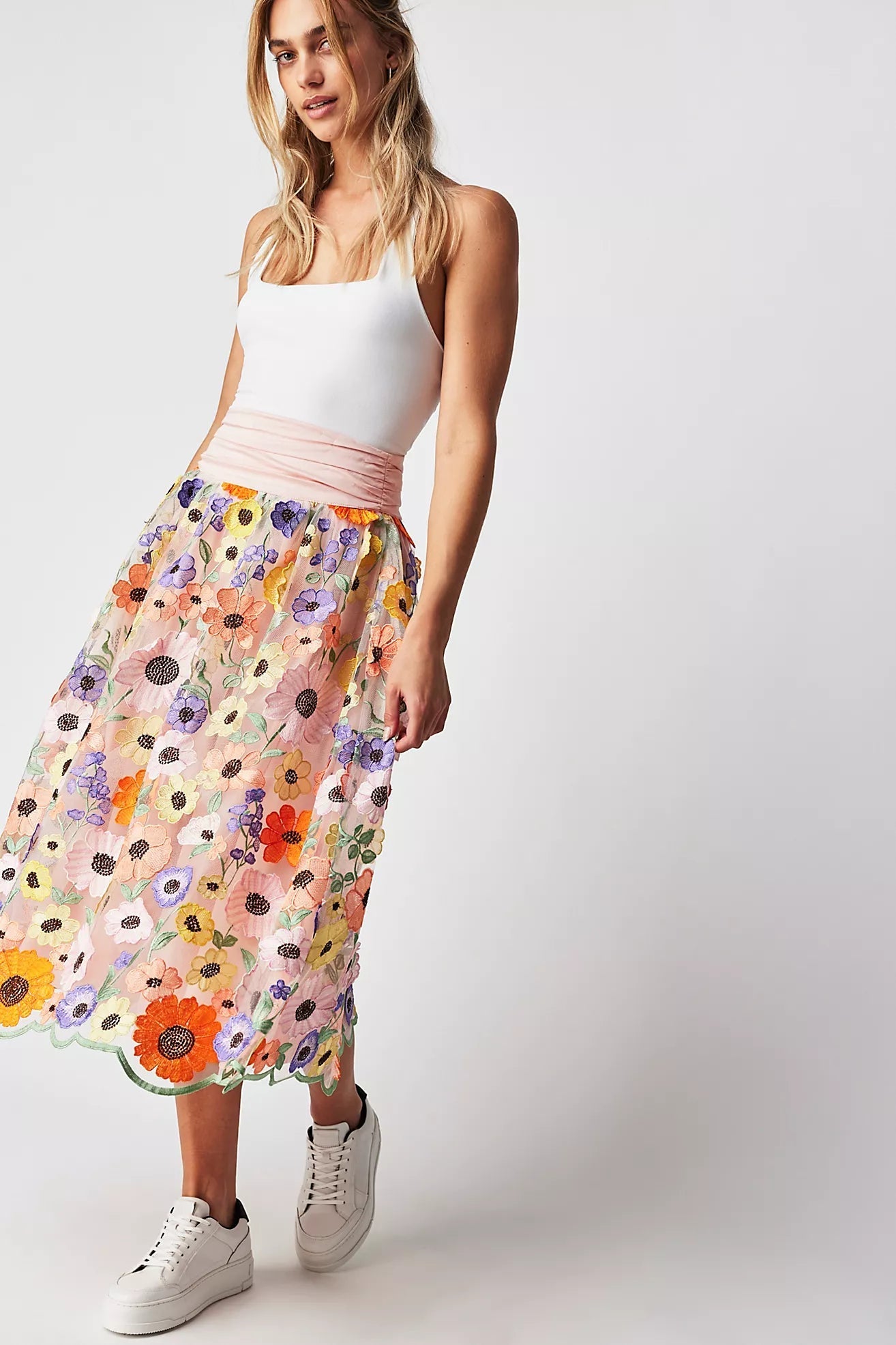Multicolored floral embroidered A-line skirt with bohemian charm and vintage elegance