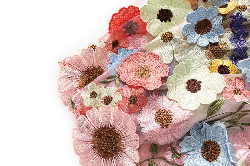 Multicolored floral embroidered A-line skirt in soft pastel palette with vibrant accents