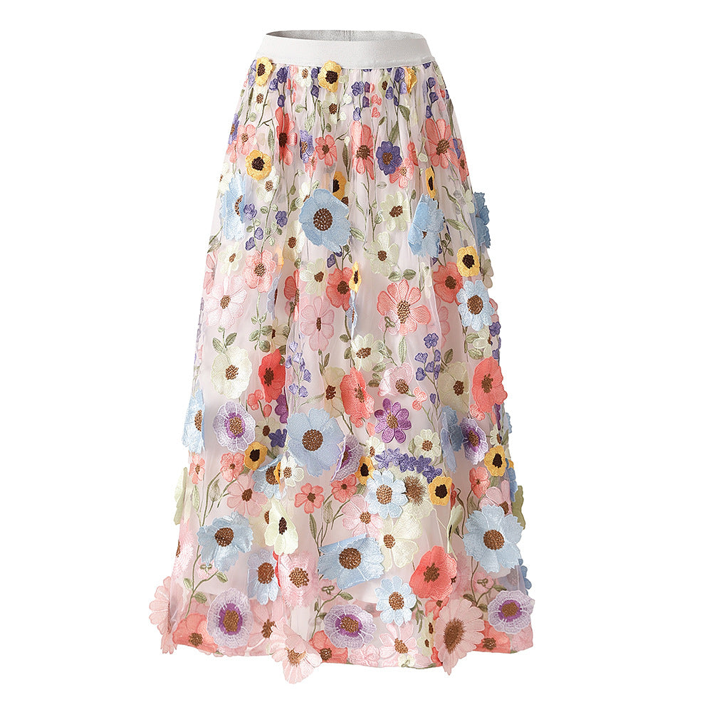 Multicolored floral embroidery A-line skirt in soft pastel palette with vibrant accents