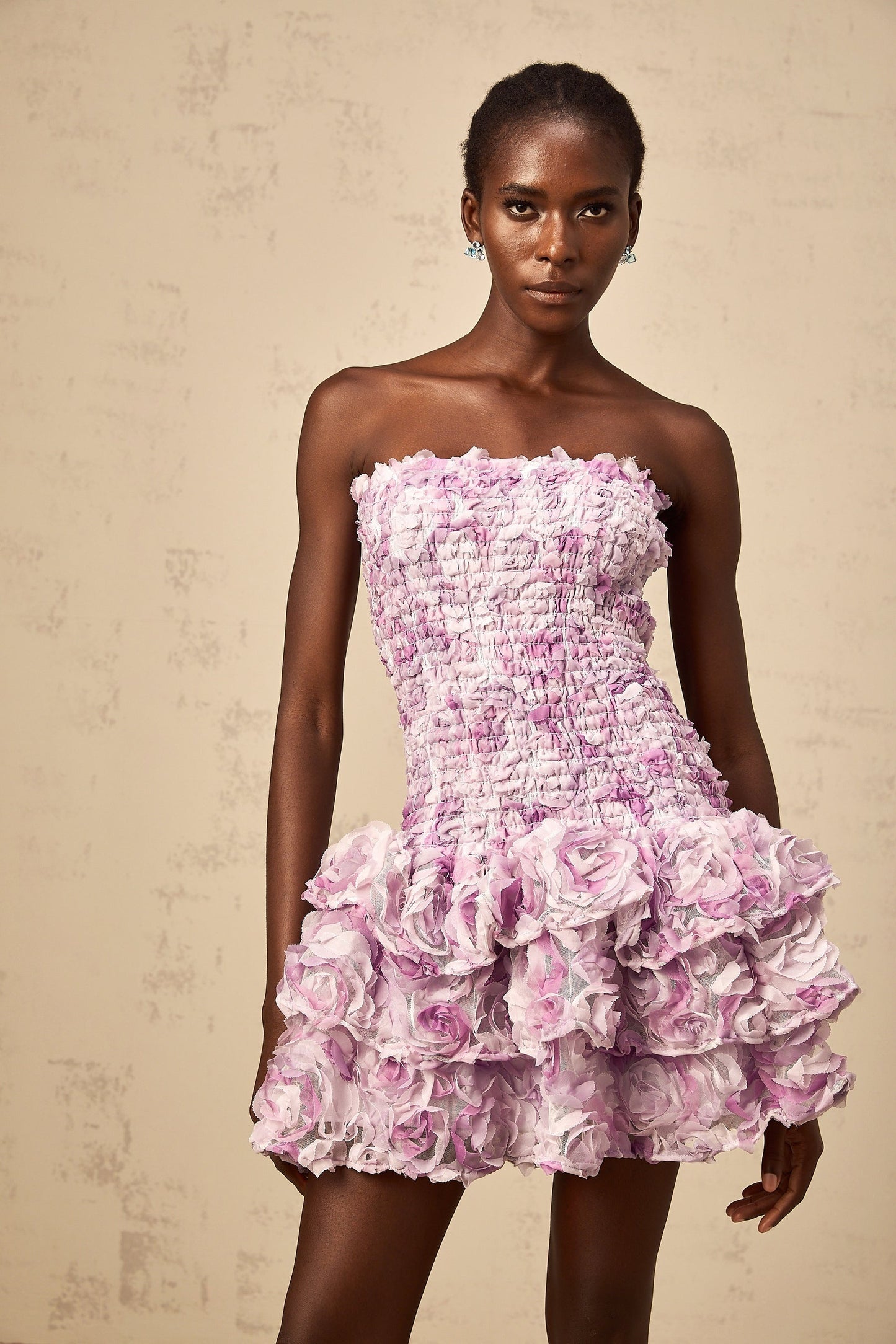 Mylène purple 3Dpetal tiered tulle mini dress
