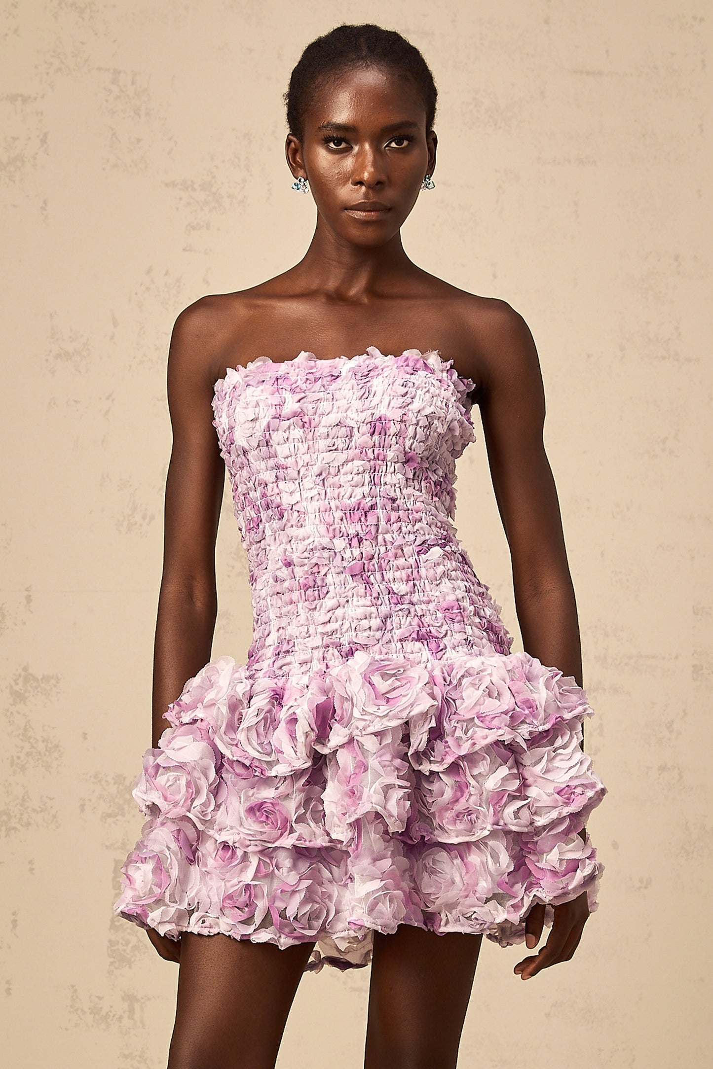 Mylène purple 3Dpetal tiered tulle mini dress