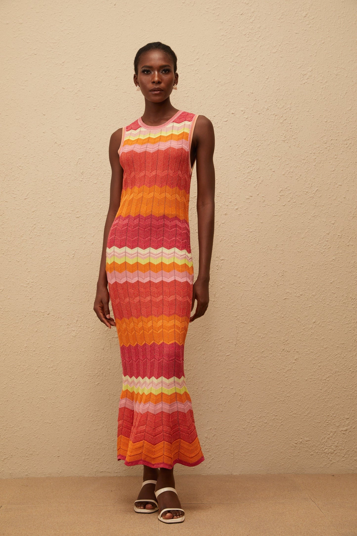 Nadège Coral Pink Wavy Knit Maxi Dress