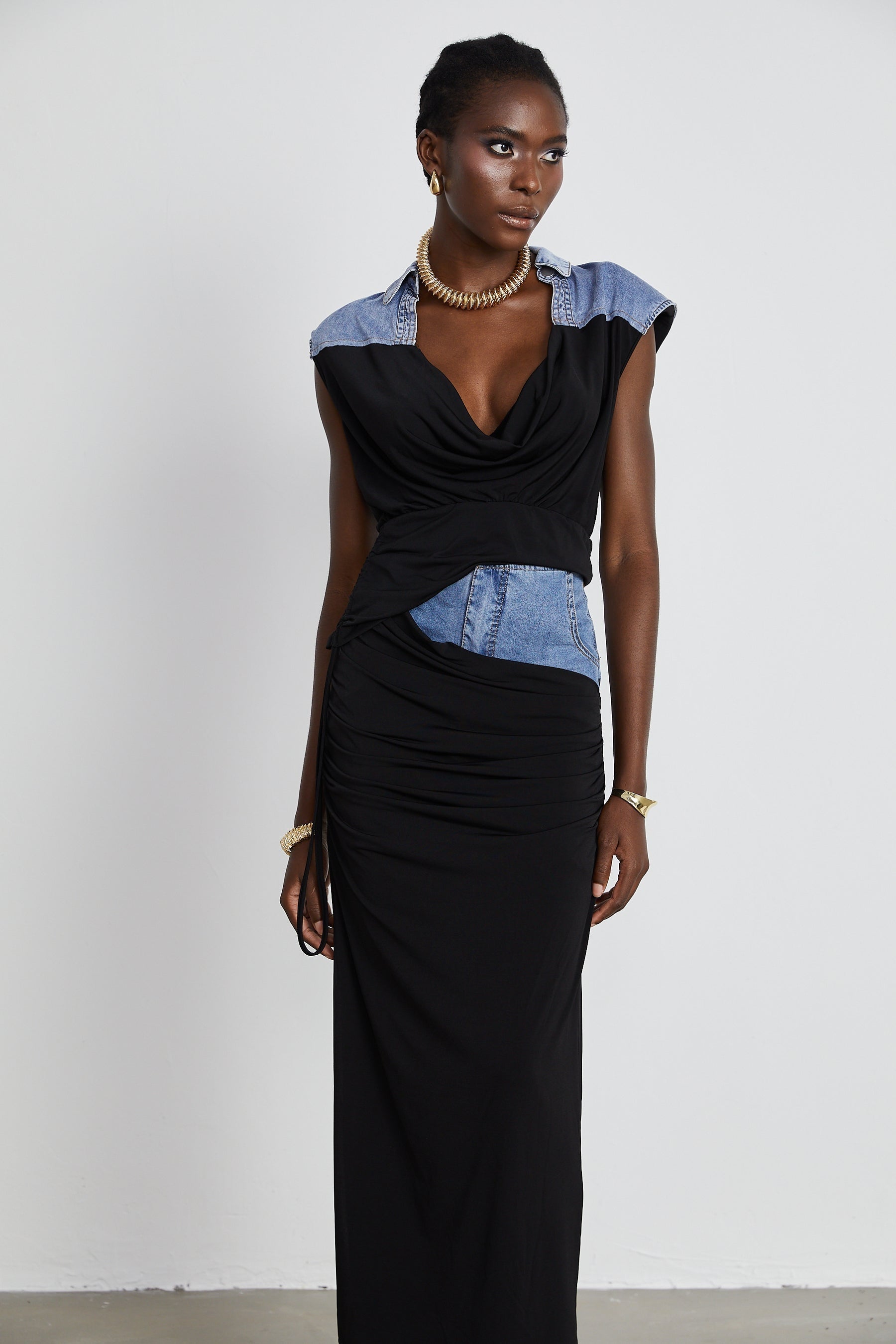 Nala jerseypanelled denim top  skirt matching set