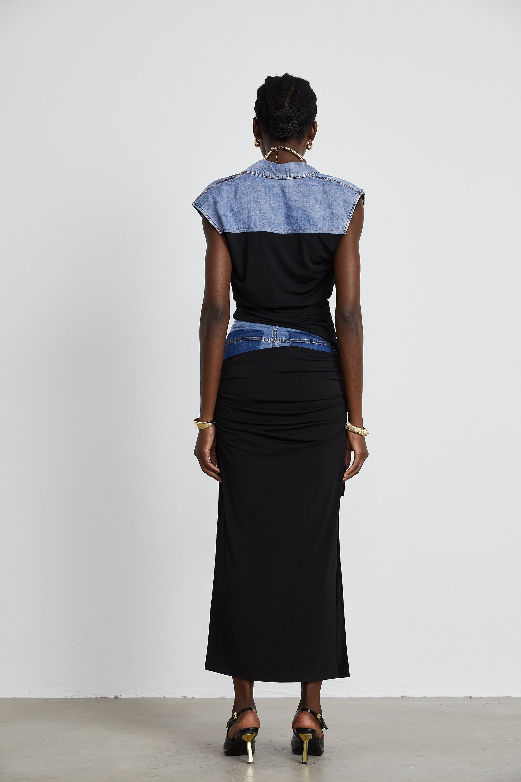 Nala jerseypanelled denim top  skirt matching set