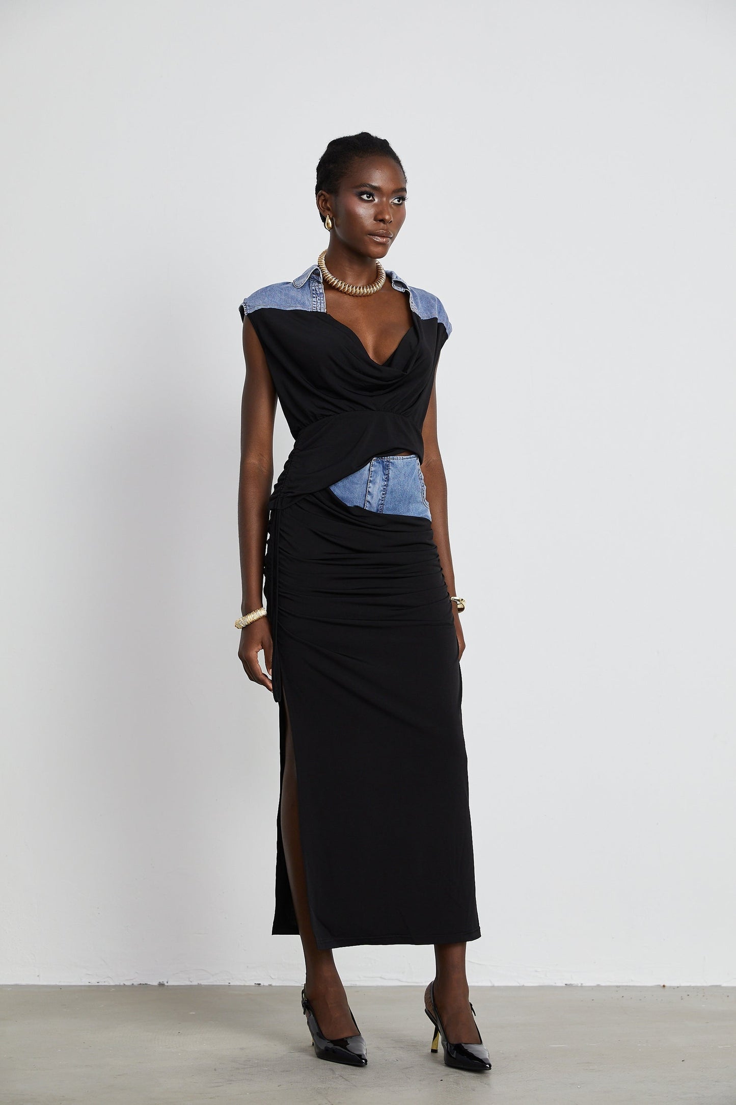 Nala jerseypanelled denim top skirt matching set