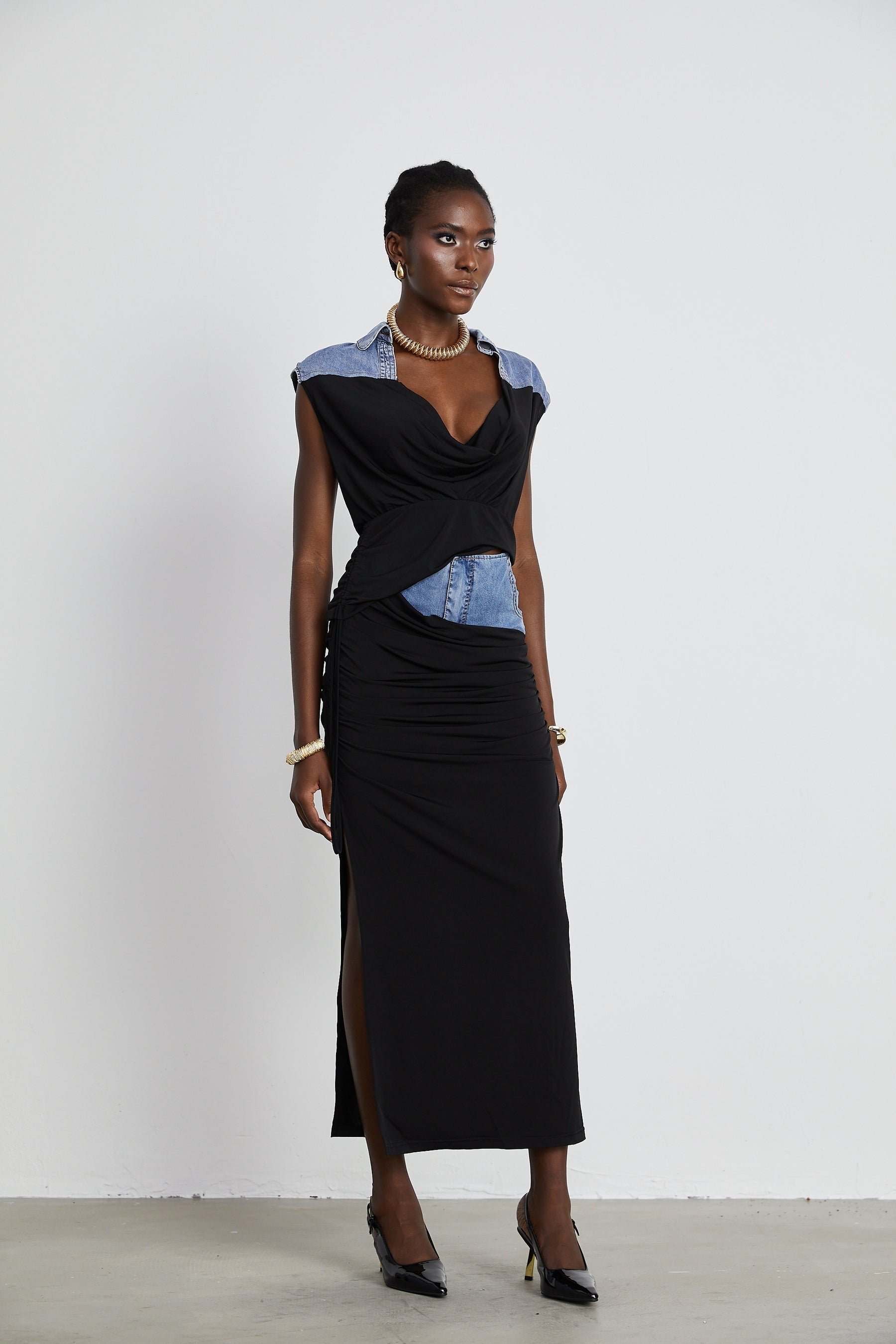 Nala jerseypanelled denim top  skirt matching set