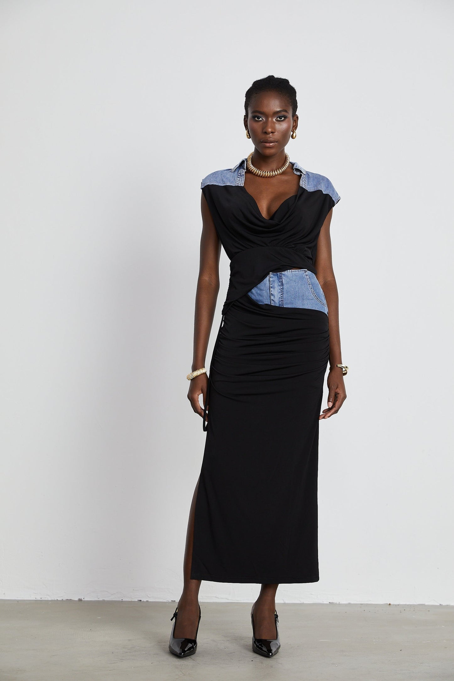 Nala jerseypanelled denim top skirt matching set