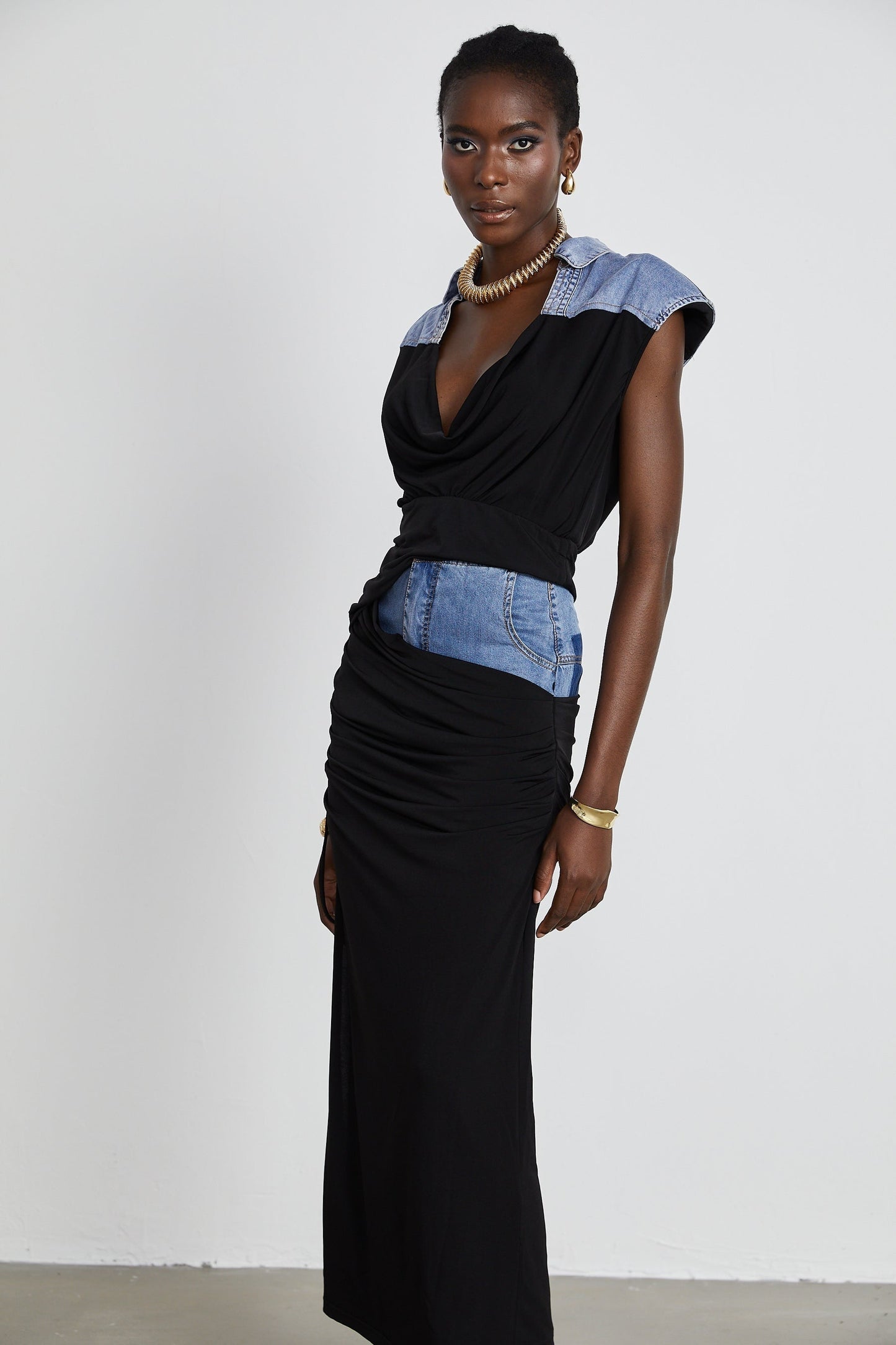 Nala jerseypanelled denim top skirt matching set