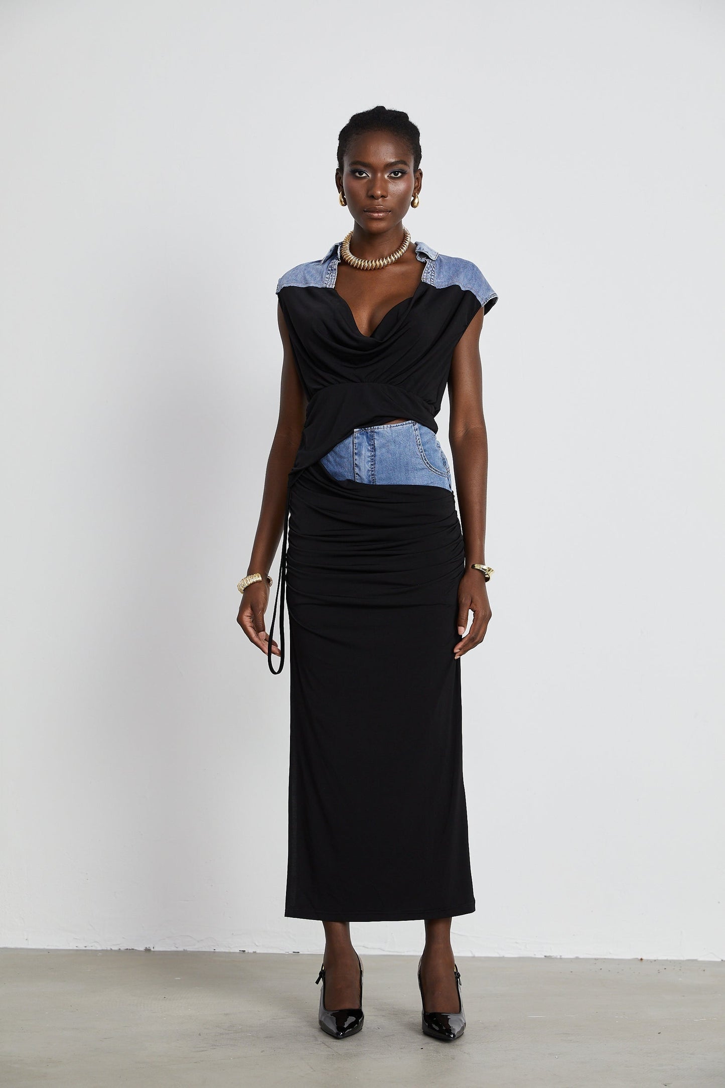 Nala jerseypanelled denim top skirt matching set
