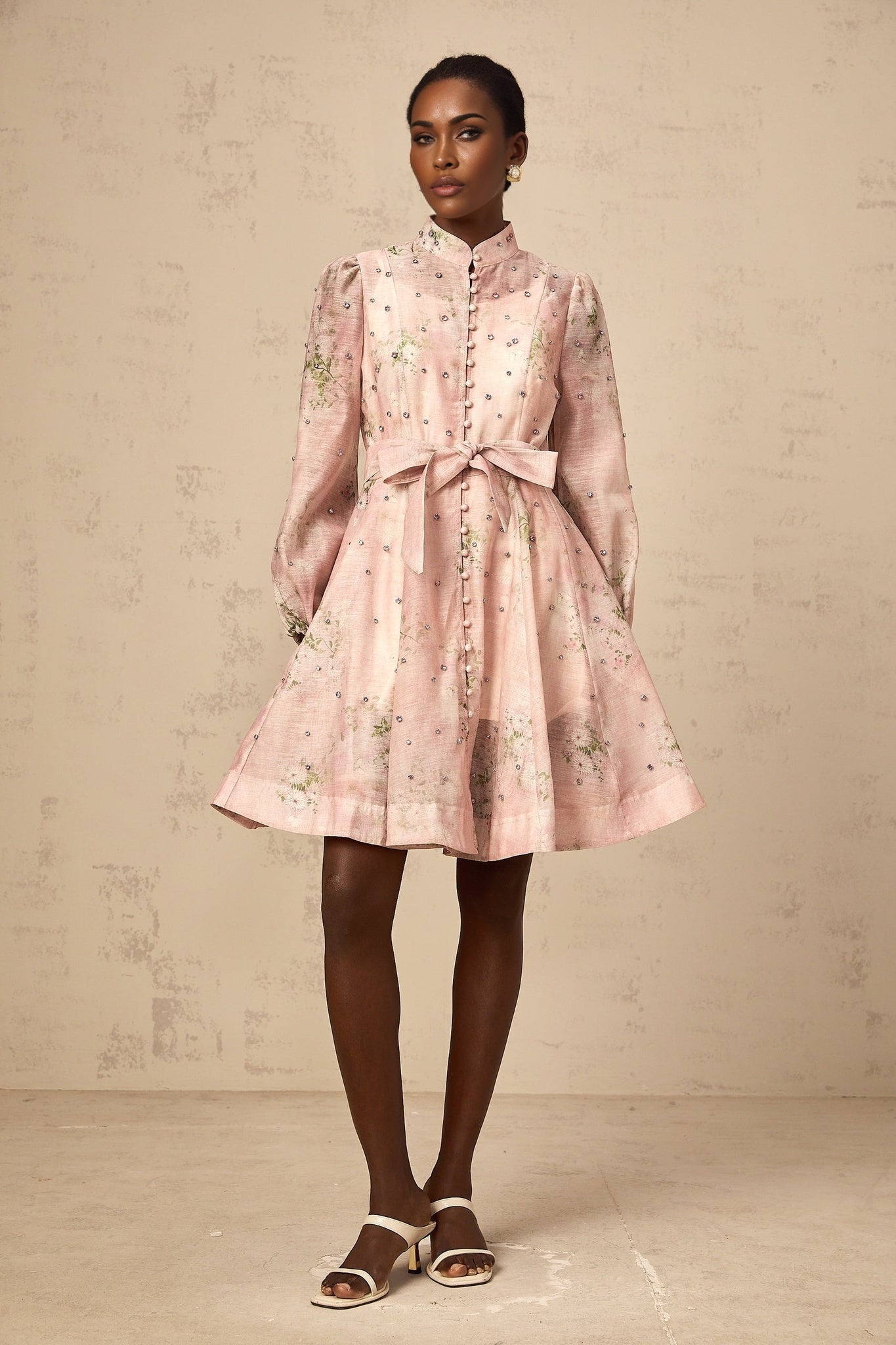 Narcisse pink embellished floralprint mini dress